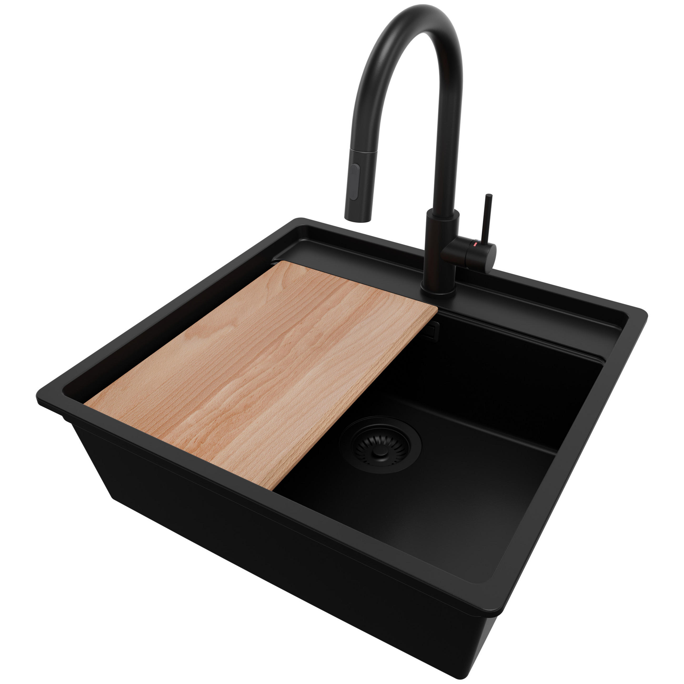 GRANITSPÜLE Bergen, 2-er set Alles Schwarz 56/53 cm 1 Becken + Küchenarmatur 40/20 cm + Ablauf-Set + Schneidebrett ab 60er Unterschrank - Beige/Schwarz, Kunststoff (56/20/53cm) - Primagran