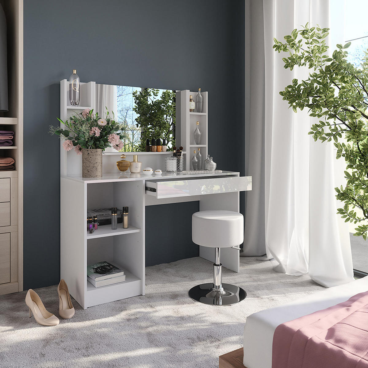 SCHMINKTISCH Sherry Weiß/Weiß Hochglanz 119.8 cm 5 Teile - Weiß Hochglanz, Holzwerkstoff (119.8/76/50.1cm) - Vicco
