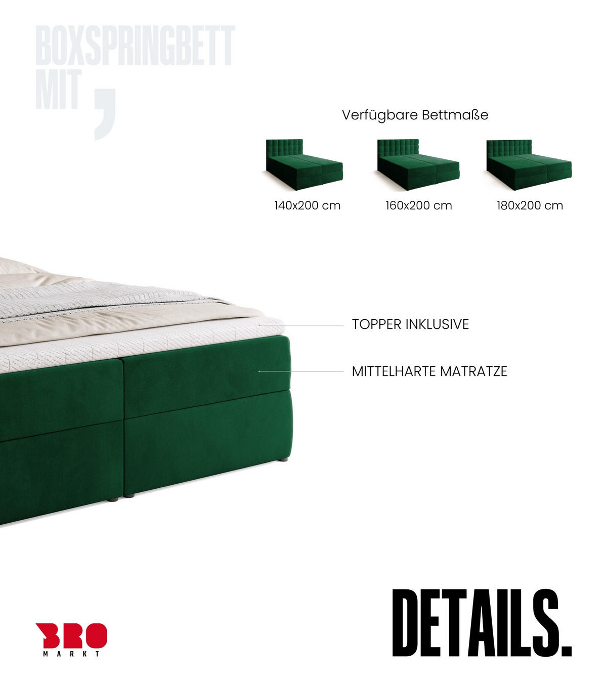 BOXBETT Detroit mit Topper 160/200 Grün - Grün, Holzwerkstoff/Textil (160/200cm) - Bromarkt