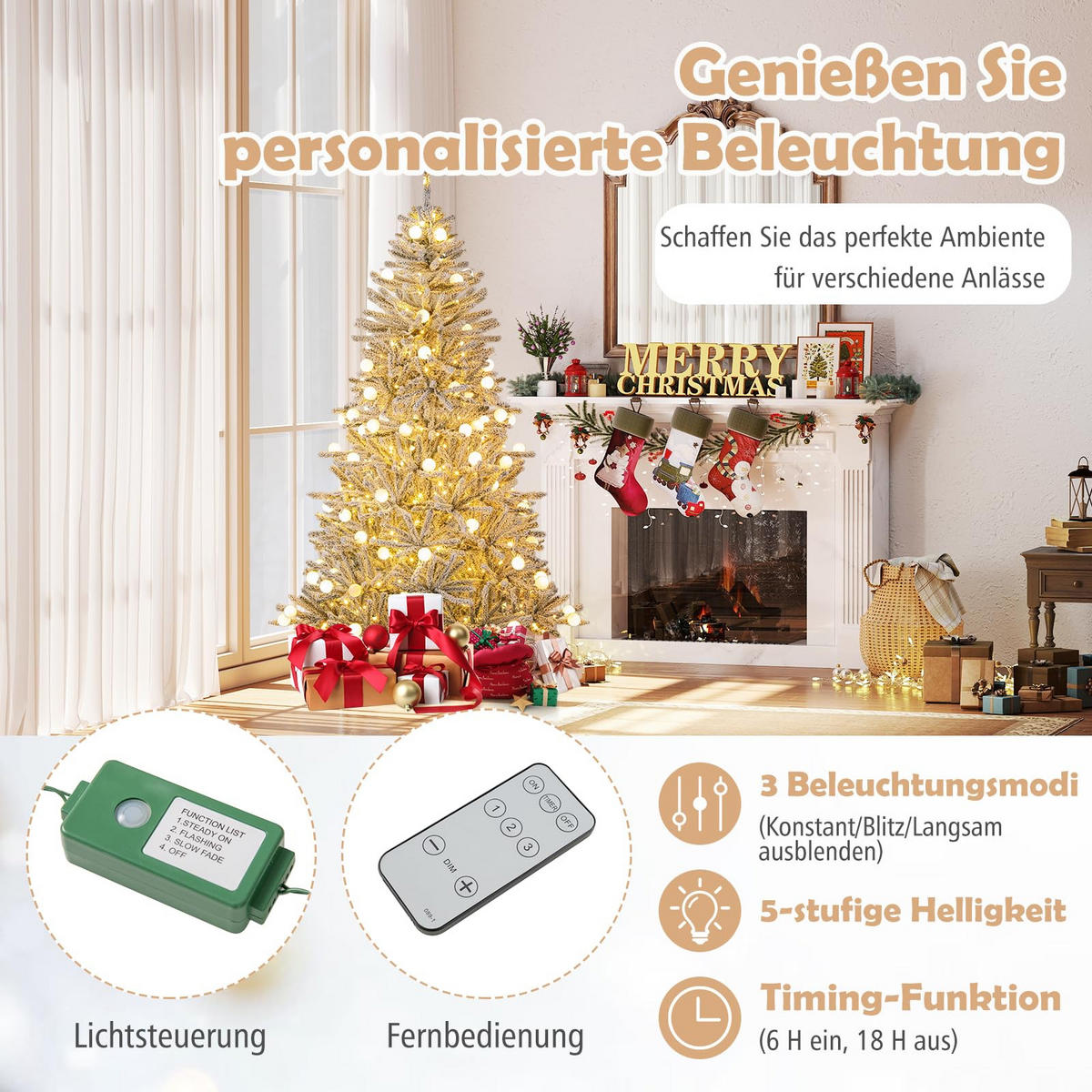 WEIHNACHTSBAUM mit Beleuchtung und Schnee Fernbedienung und Timer 180 cm weiß - Weiß, Metall (180cm) - COSTWAY
