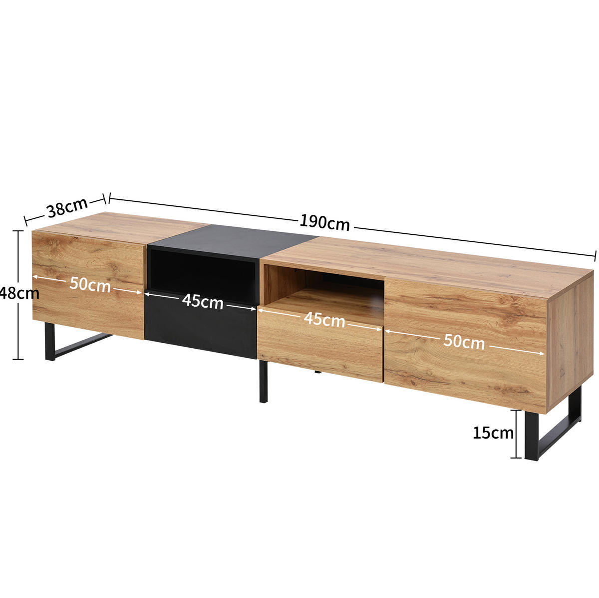 LOWBOARD 190/38/48 cm Schwarz/Naturholz aus MDF mit 2 Türen und 2 Schubladen - Naturfarben, Holzwerkstoff (38/48/190cm) - OKMYHOME