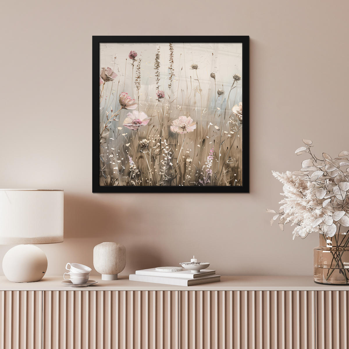 POSTER MIT RAHMEN Blumen - Rosa - Modern - Beige 40x40 cm - Beige, Papier (40/40cm) - MuchoWow