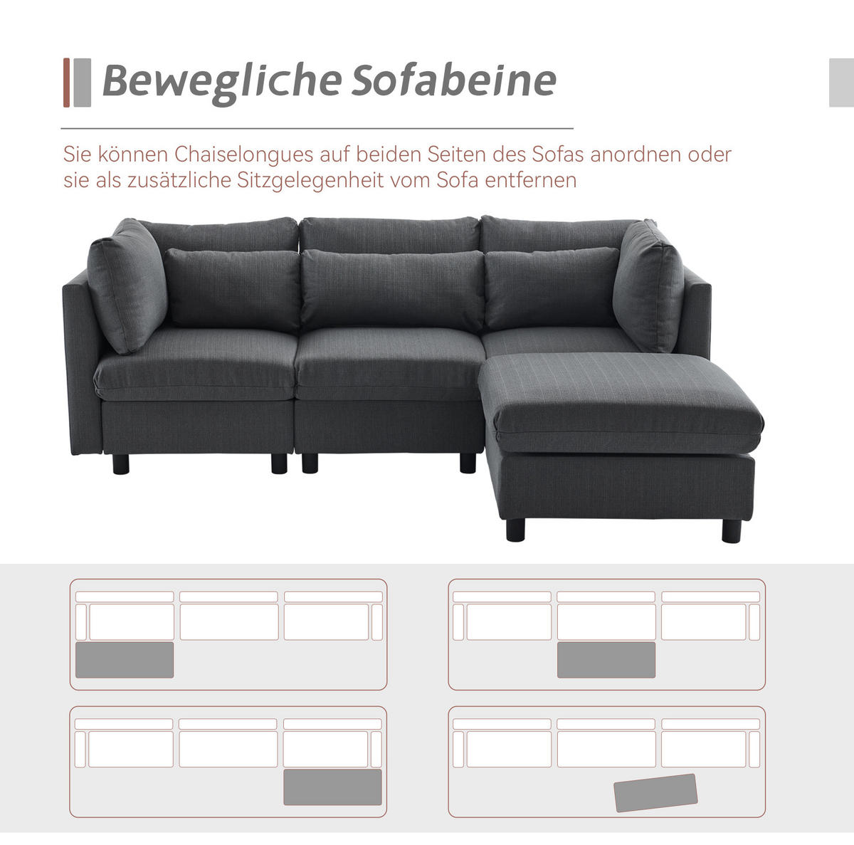 ECKSOFA 220/83/81 cm grau aus Leinen mit Hocker und 5 Kissen - Grau, Textil (81/83cm) - OKWISH