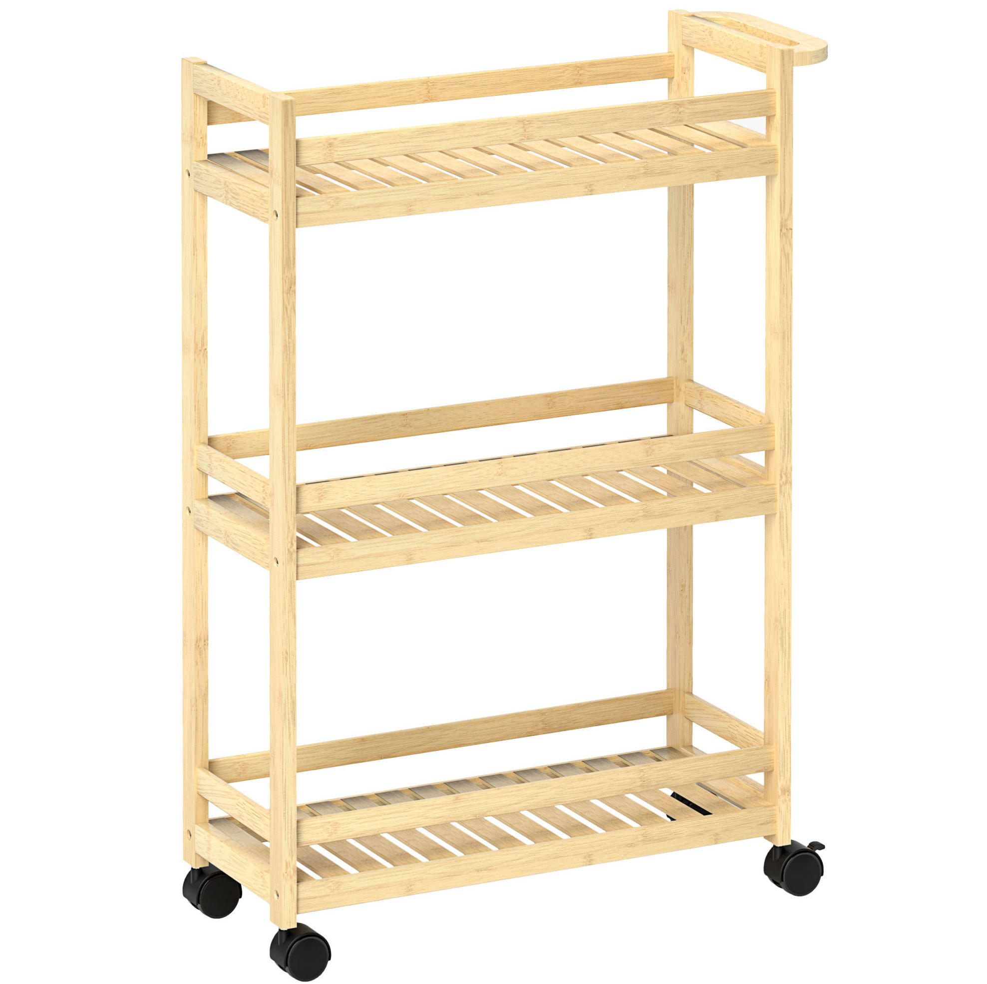 SERVIERWAGEN 55/20/75 cm aus Bambus mit 3 Ablagen und Rollen - Hellbraun, Naturmaterialien (55/75/20cm) - Flora Grace
