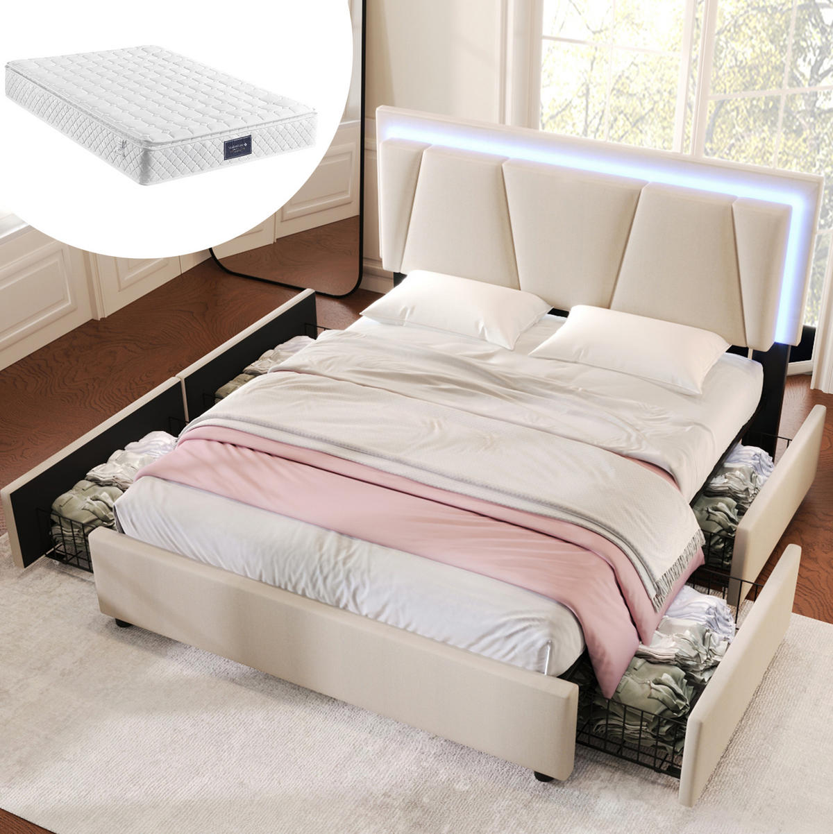 POLSTERBETT 160/200 cm mit LED-Beleuchtung, 4 Schubladen und verstellbarem Kopfteil - Beige, Holz (160/200cm) - BEAOK