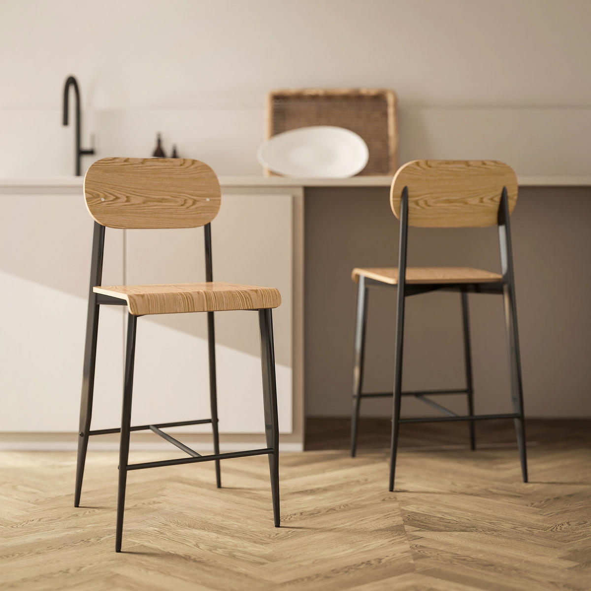 BARHOCKER 2er Set, Barstuhl mit Metallgestell, Küchenstuhl mit Sitzhöhe 66 cm - Naturfarben, Metall (43/103/55cm) - HOMCOM