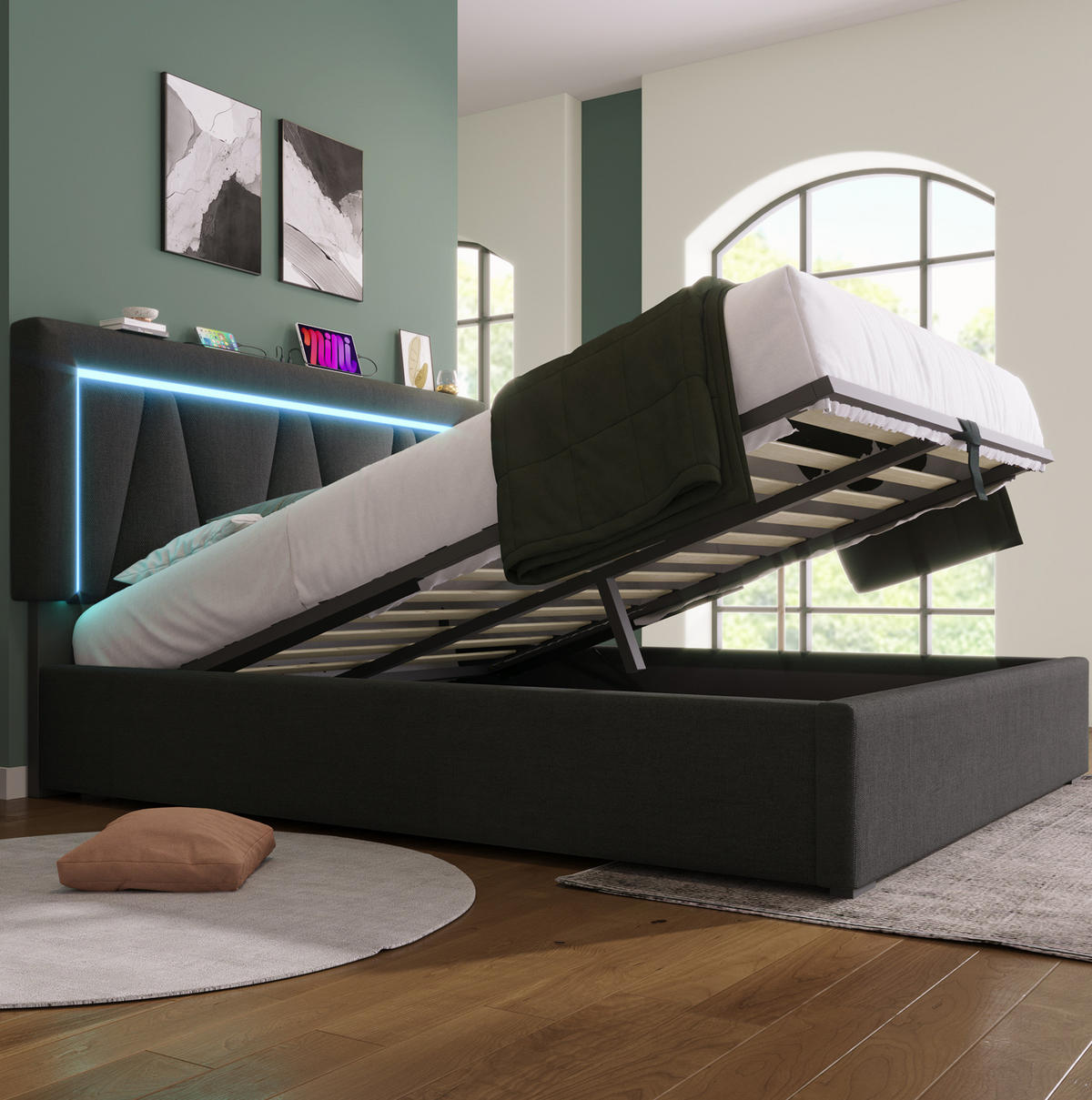 ČALOUNĚNÁ postel 160/200 cm, len, šedá, s LED osvětlením, USB-C a úložným prostorem - šedá, textil (160/200cm) - BEAOK