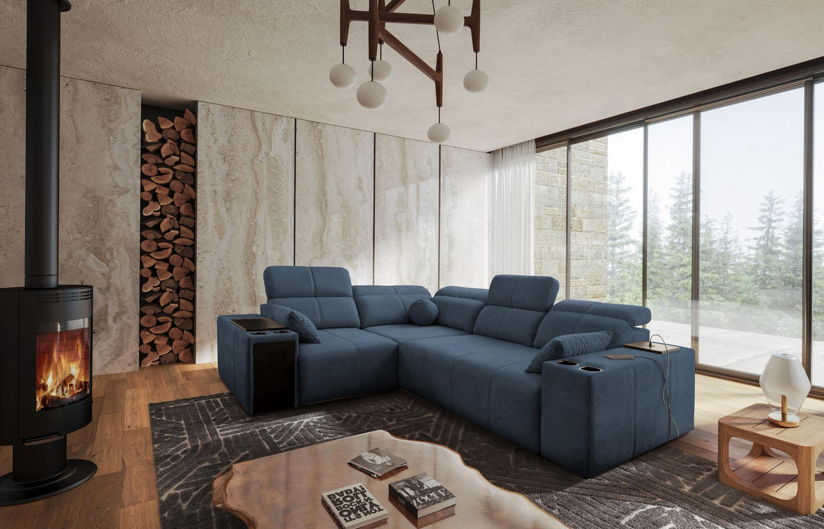 ECKSOFA Mit Schlaffunktion USB Und Verstellbarer Rückenlehne Mindy II Blau Links - Blau, Holz/Textil (219/288cm) - Kaiser Möbel