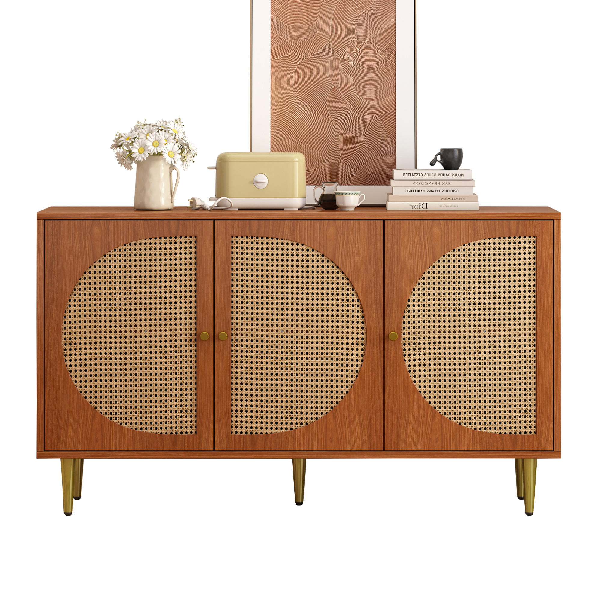 SIDEBOARD mit 3 Rattan-Türen und verstellbaren Einlegeböden, 129,8/40/76 cm, Walnussoptik - Walnussfarben, Holzwerkstoff (129.8/76/40cm) - Redom