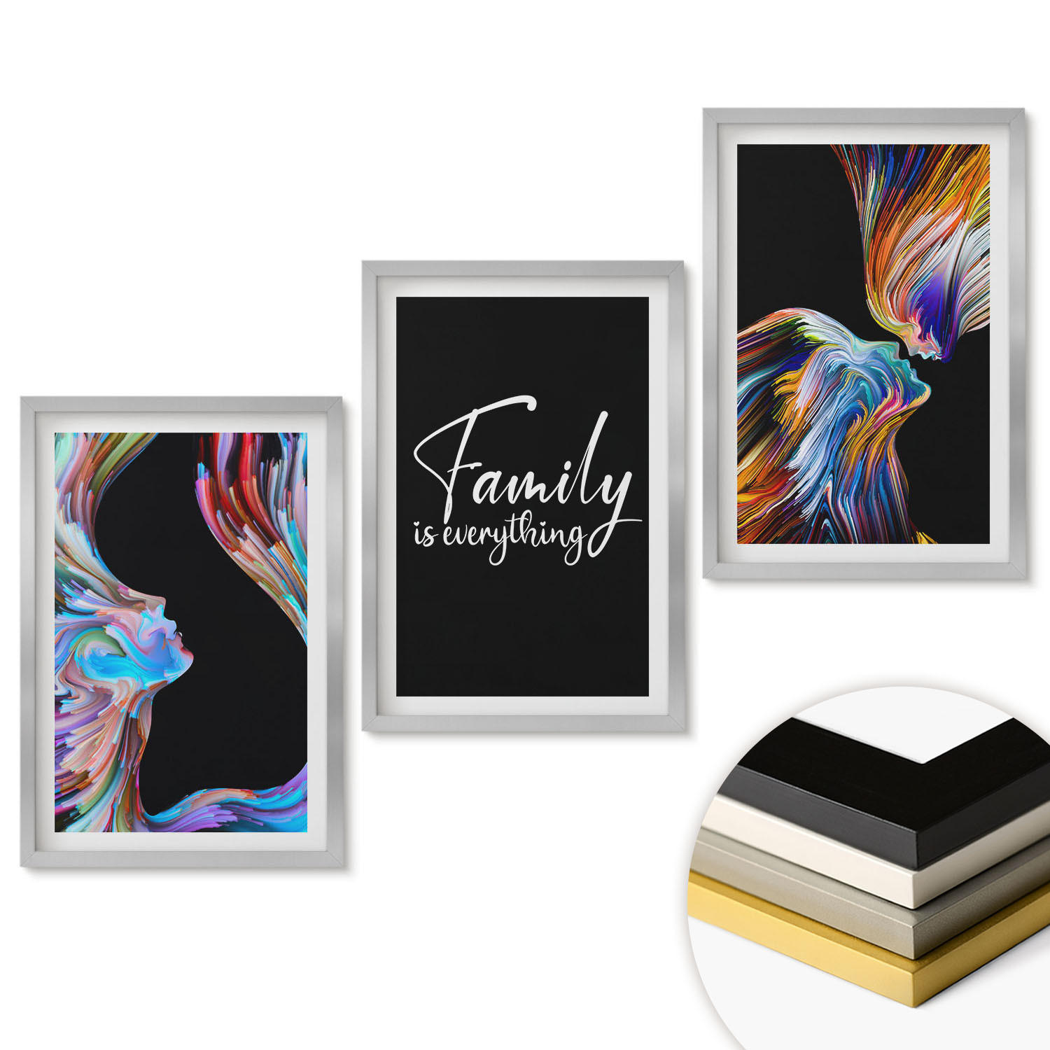 WANDBILDER 3er Set - 40x60 cm Silberner Rahmen - Porträts von Menschen, farbenfrohe Muster, Familie - Silberfarben, Kunststoff (40/60cm) - ArtPrintCave