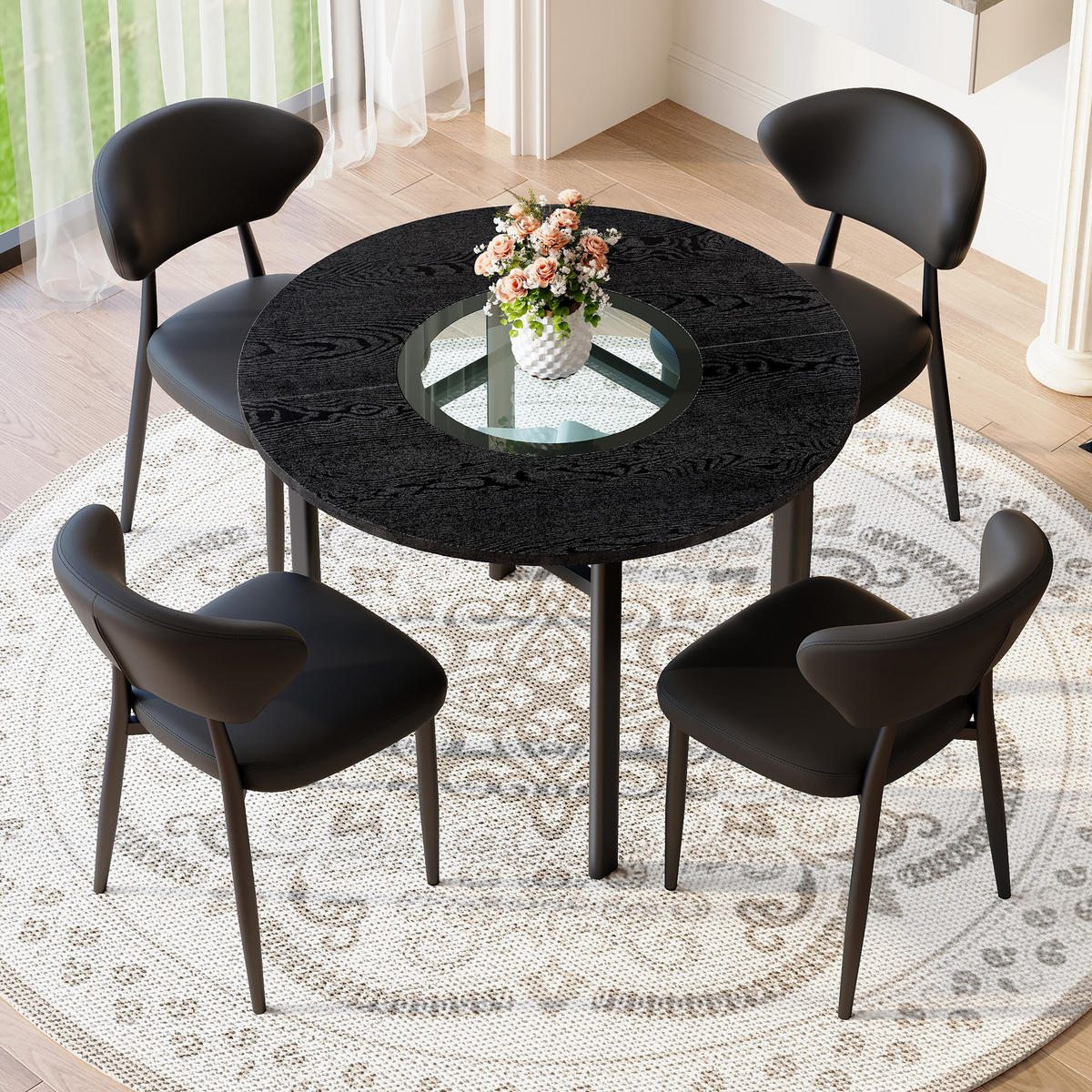ESSGRUPPE DE-39376 5-teilig, mit 4 PU-Sesseln und Glasplatte Schwarz - Schwarz, Holzwerkstoff (100/76/100cm) - ComfortXL