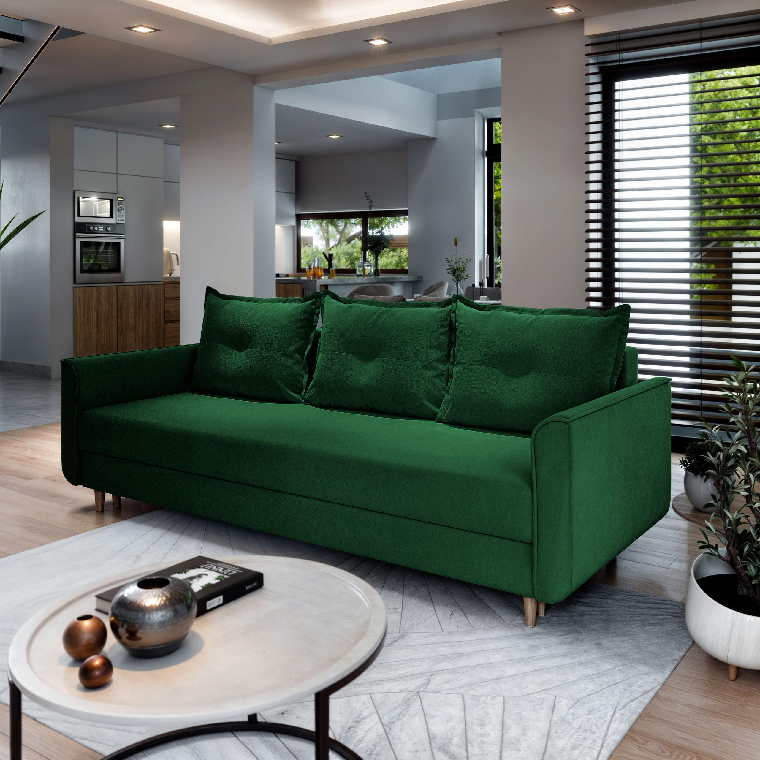 BETTSOFA NAPOL Grün Plüsch-Stoff mit Schlaffunktion - Grün, Textil (220/93/87cm) - MASSENO