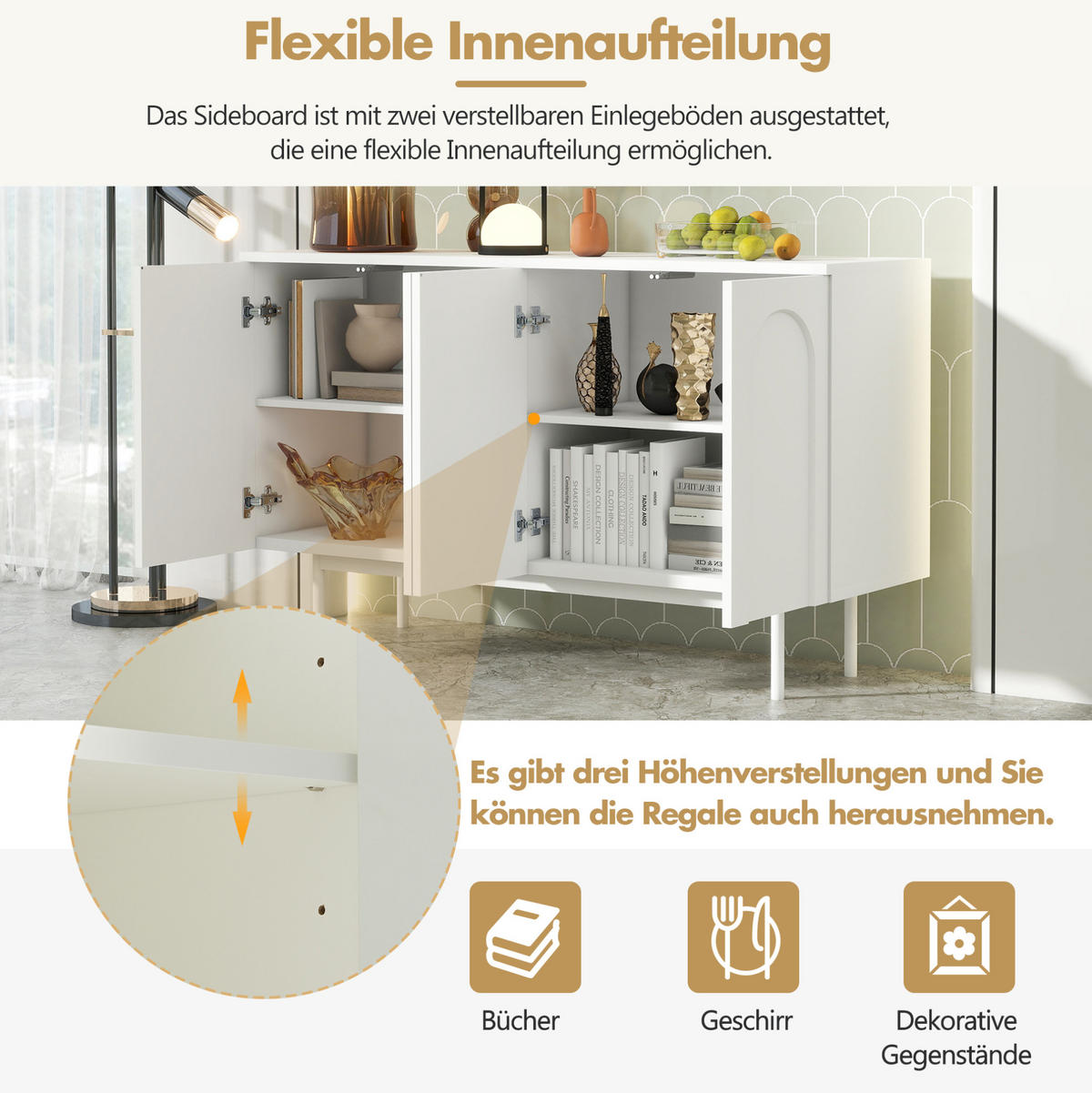 SIDEBOARD mit verstellbaren Einlegeböden und gewölbtem Frontdesign, Weiß - Weiß, Holzwerkstoff (140/80/42cm) - Redom