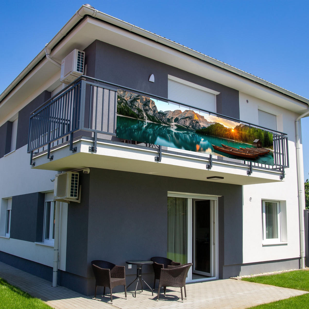 BALKON-SICHTSCHUTZ See - Berge - Sonnenuntergang - Boot - Petrol, Kunststoff (500/120cm) - MuchoWow