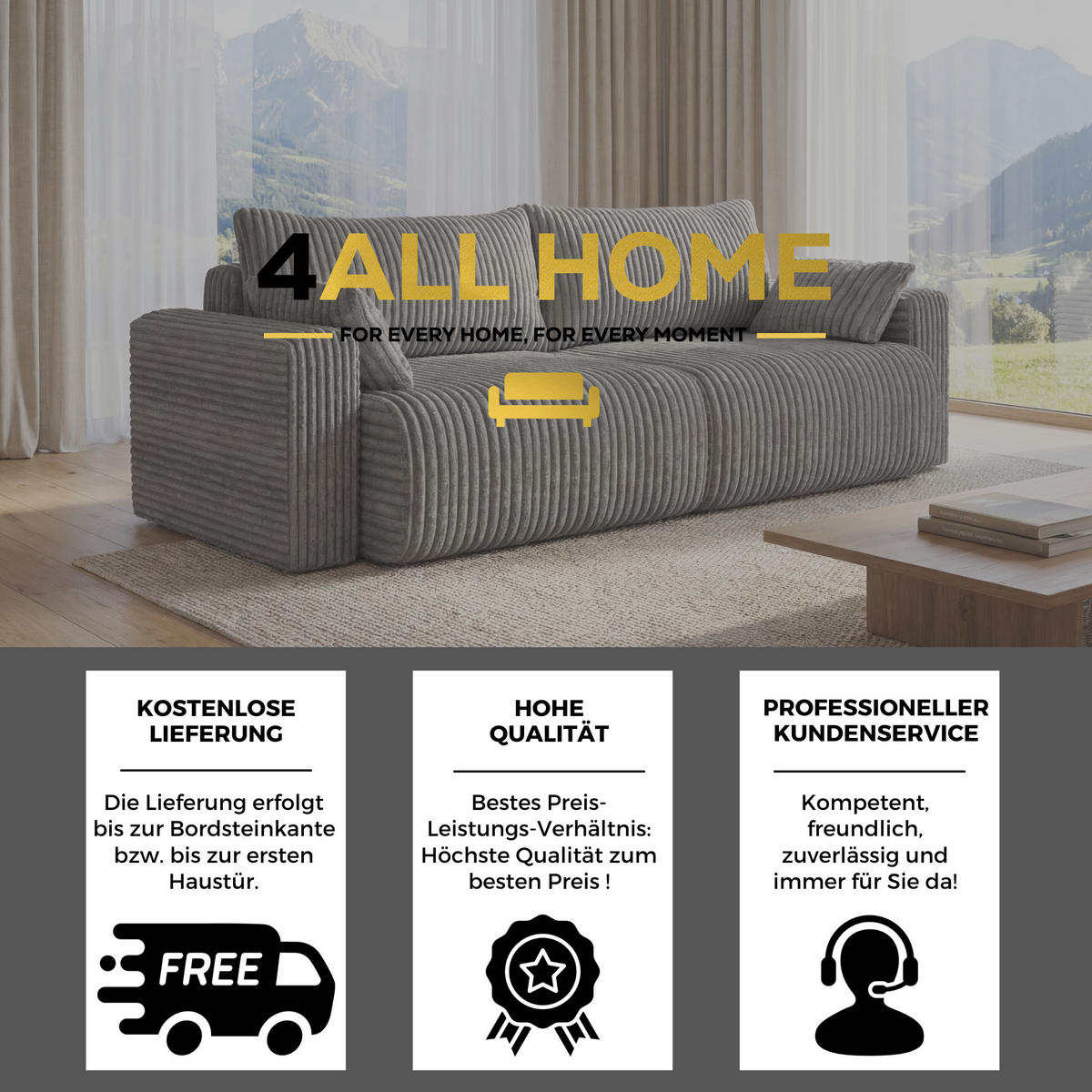SOFA Kola mit Bettkasten und Schlaffunktion, Cordstoff - Hellgrau, Holzwerkstoff (244/85/95cm) - 4ALL HOME