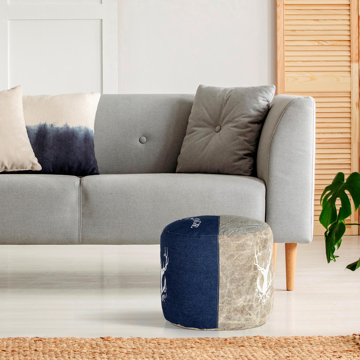 SITZPOUF rund 35x43cm Natur/Blau aus Segeltuch/Jeans Baumwolle Füllung - Naturfarben, Textil (35/43/35cm) - WOMO-DESIGN