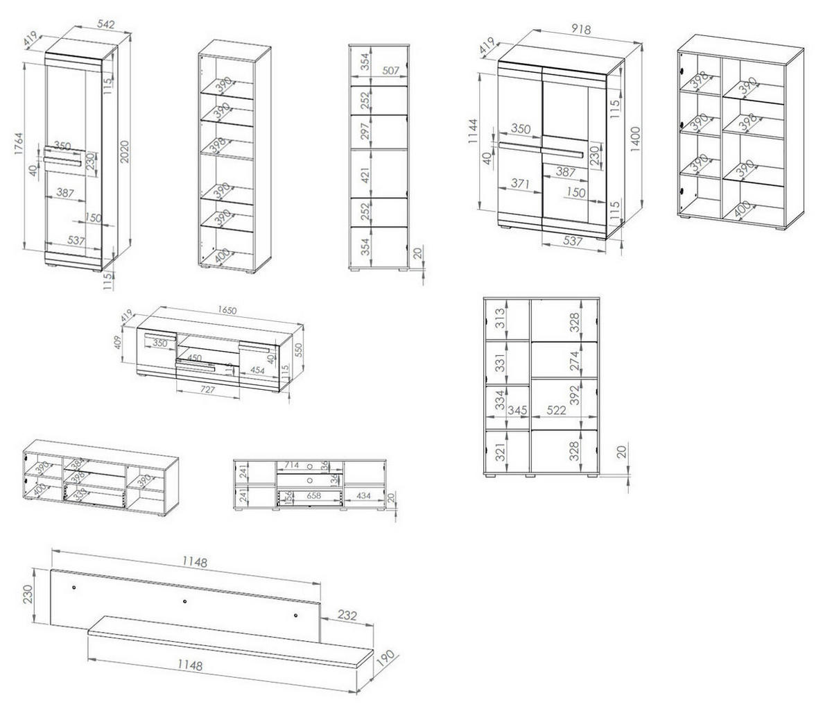 WOHNWAND 4-TEILIG Blanco Pinie weiß / grau 312 / 42 / 202cm - Weiß/Grau, Holz/Holzwerkstoff (312/202/42cm) - Feldmann-Wohnen