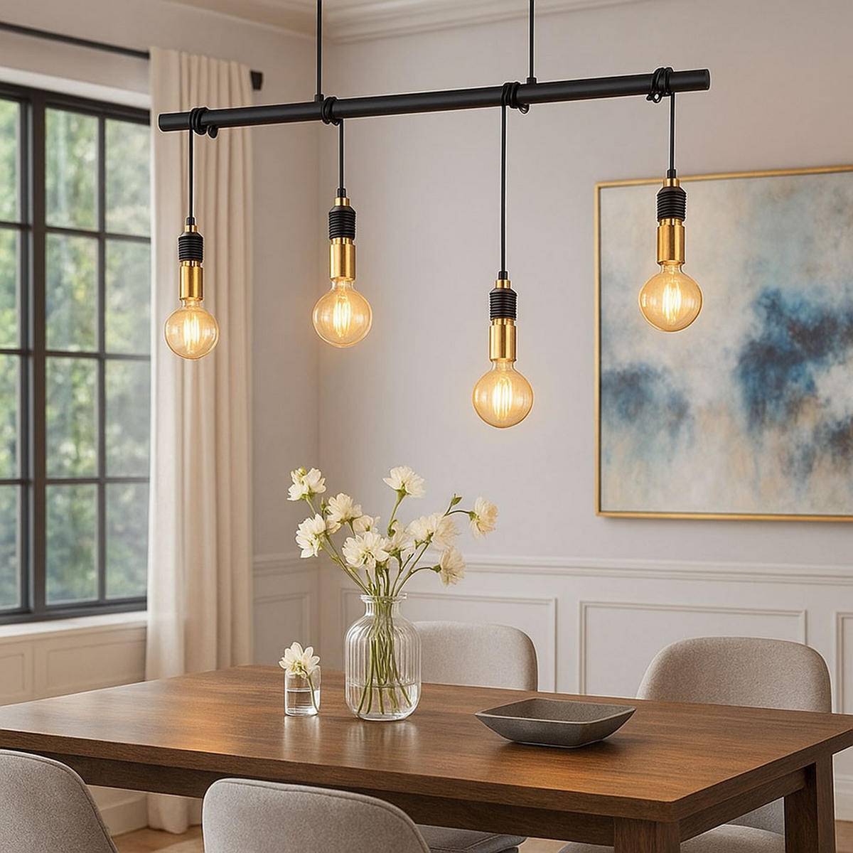 HÄNGELEUCHTE Messing Schwarz 4-Flammig - Schwarz, Metall (100/6/120cm) - Globo Lighting