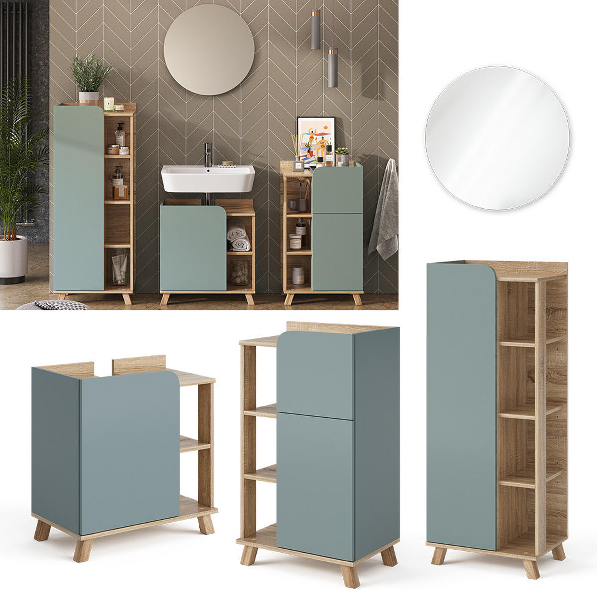 BADMÖBEL-SET Karen Blau-Grau 4 Teile - Blau, Holzwerkstoff (60/65/35cm) - Vicco