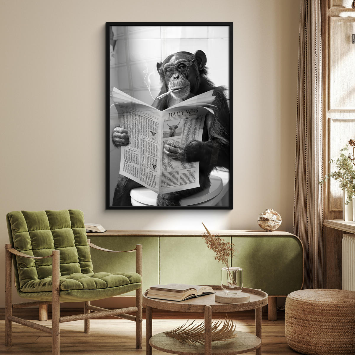 GERAHMTES BILD Affe - WC - Zeitung - Schwarz-Weiß - Humor 80x120 cm - Hellgrau, Papier (80/120cm) - MuchoWow