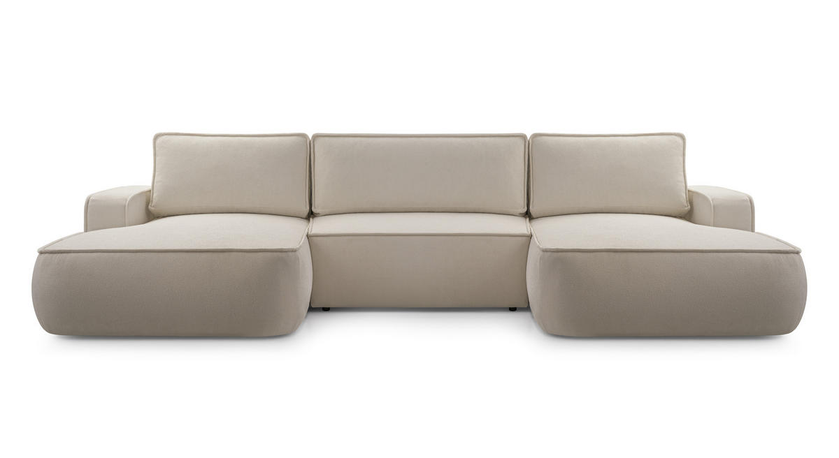 WOHNLANDSCHAFT SOLO Beige Boucle-Stoff mit Schlaffunktion - Beige, Holz (364/87/168cm) - MASSENO