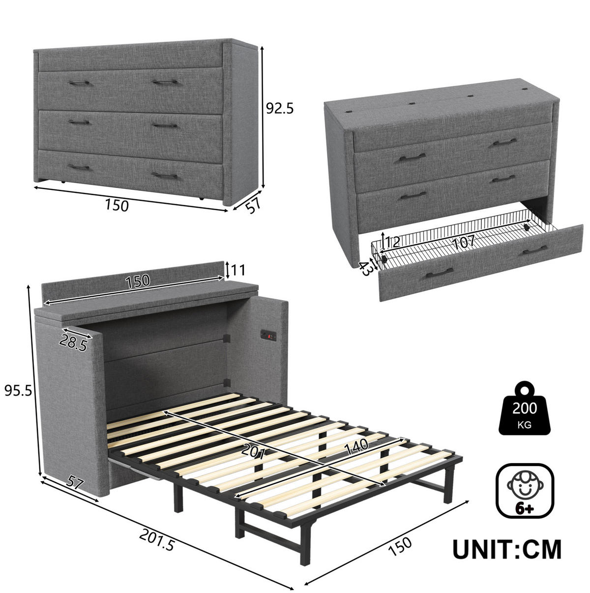 BETT 140/200 cm Grau aus Leinen und MDF mit USB- und Typ-C-Anschlüssen - Grau, Textil (140/200cm) - OKMYHOME