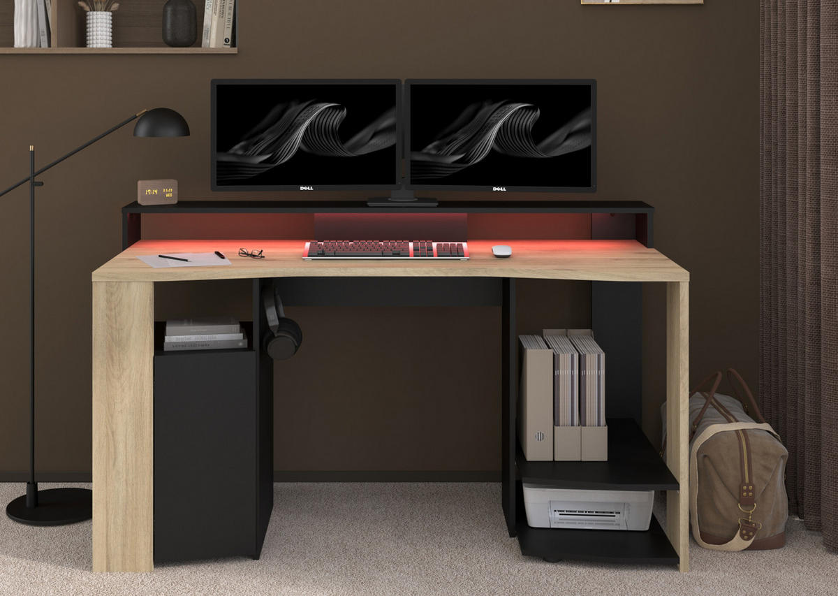 GAMINGTISCH Eiche, schwarz 152 cm, Gamer Schreibtisch inklusive LED mit Farbwechsel - Eichefarben/Schwarz, Holzwerkstoff/Metall (62/152/88cm) - Parisot Meuble