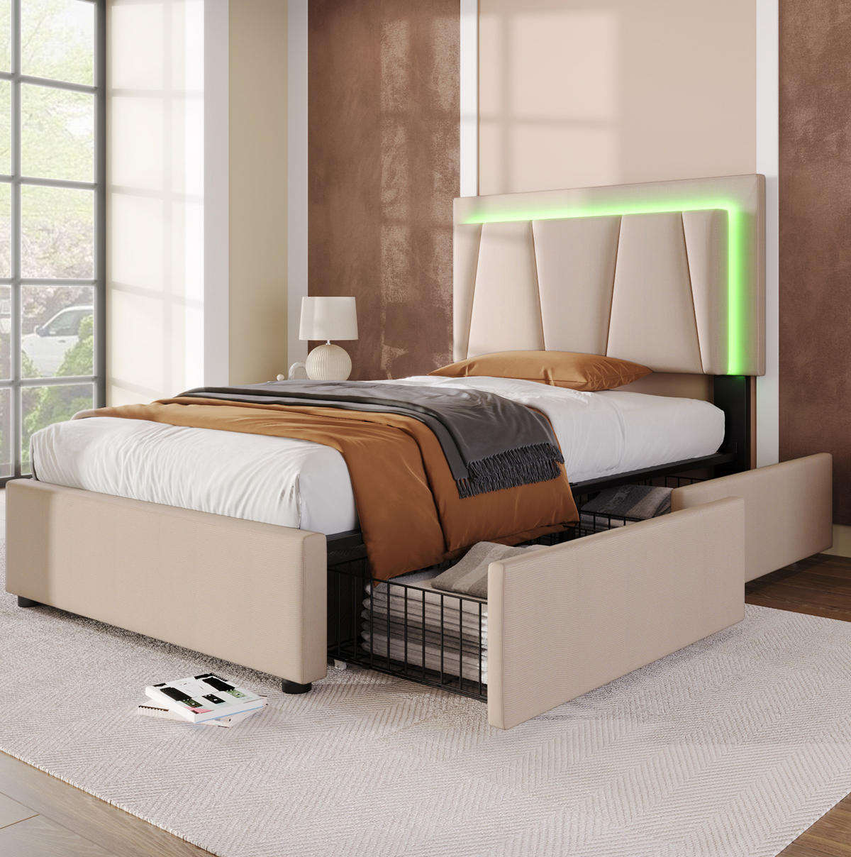 POLSTERBETT 90/200 cm Beige mit LED-Beleuchtung und 2 Schubladen - Beige, Holzwerkstoff (90/200cm) - Flora Grace