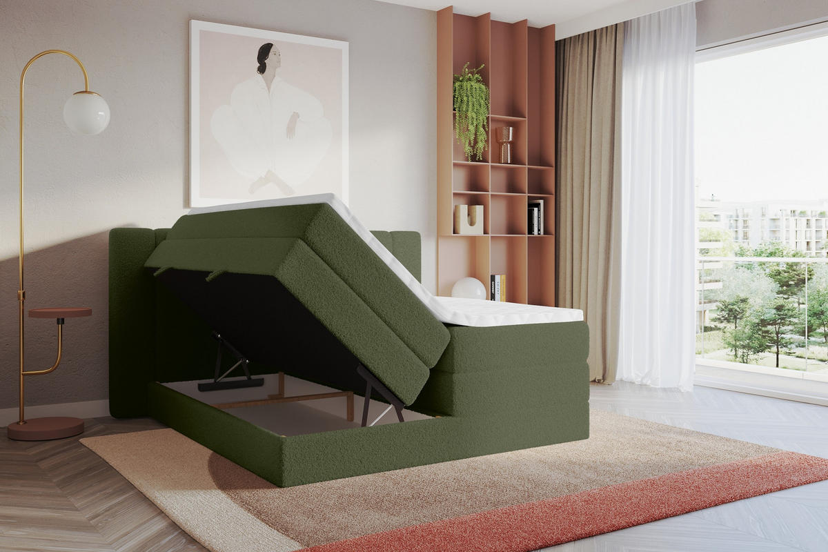 BOXSPRINGBETT mit Matratze H3/H4 - EVON KING - 140x200 cm Grün - Jadegrün, Holzwerkstoff (140/200cm) - ALTDECOR