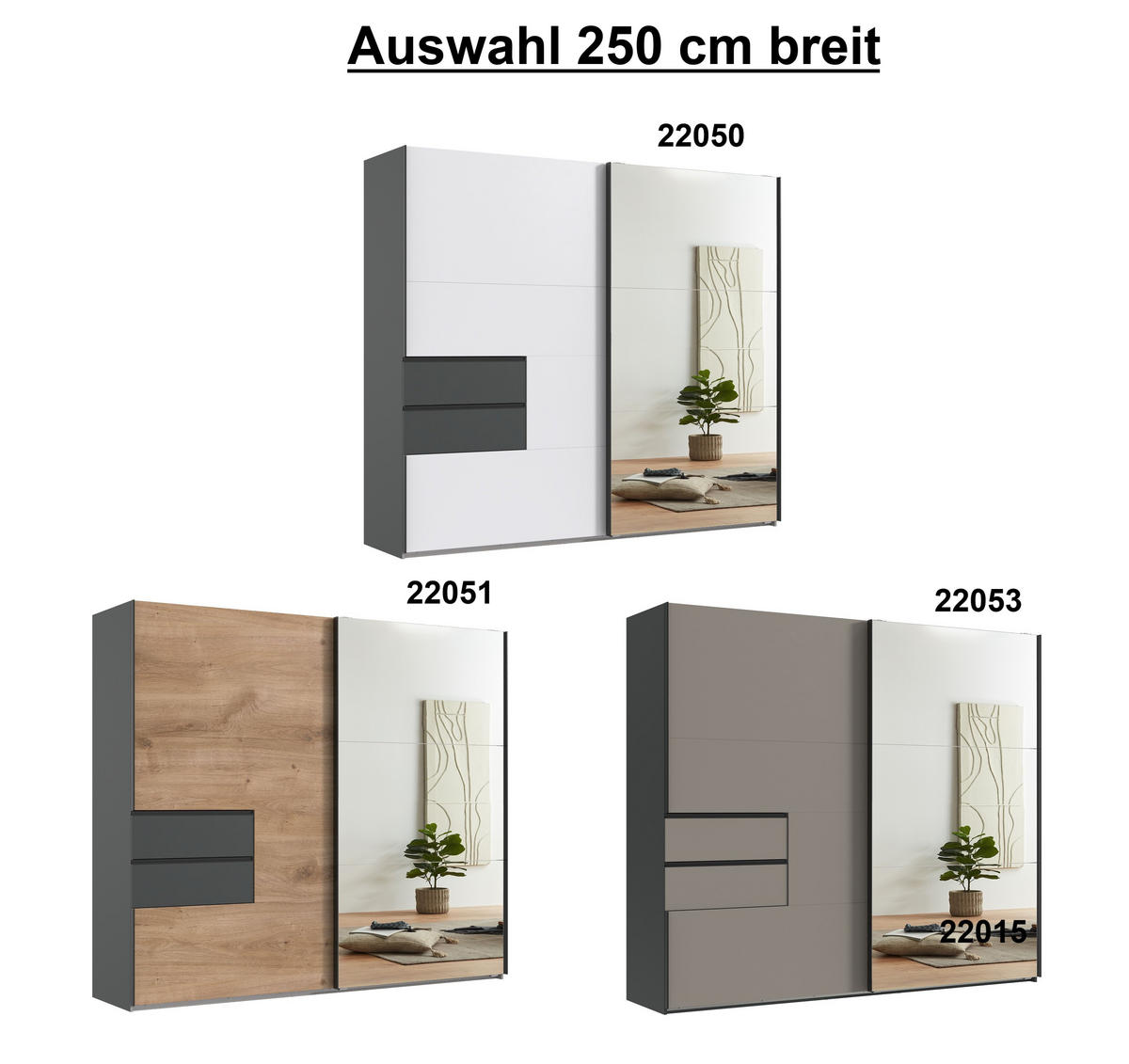 SCHWEBETÜRENSCHRANK B250/H216/T65 cm, Korpus+Schubladen Grafit, Türen in Eiche Dekor / Spiegel, inkl. Vollausstattung / 22051 - Eichefarben/Bordeaux, Holzwerkstoff/Metall (250/216/65cm) - luma-home