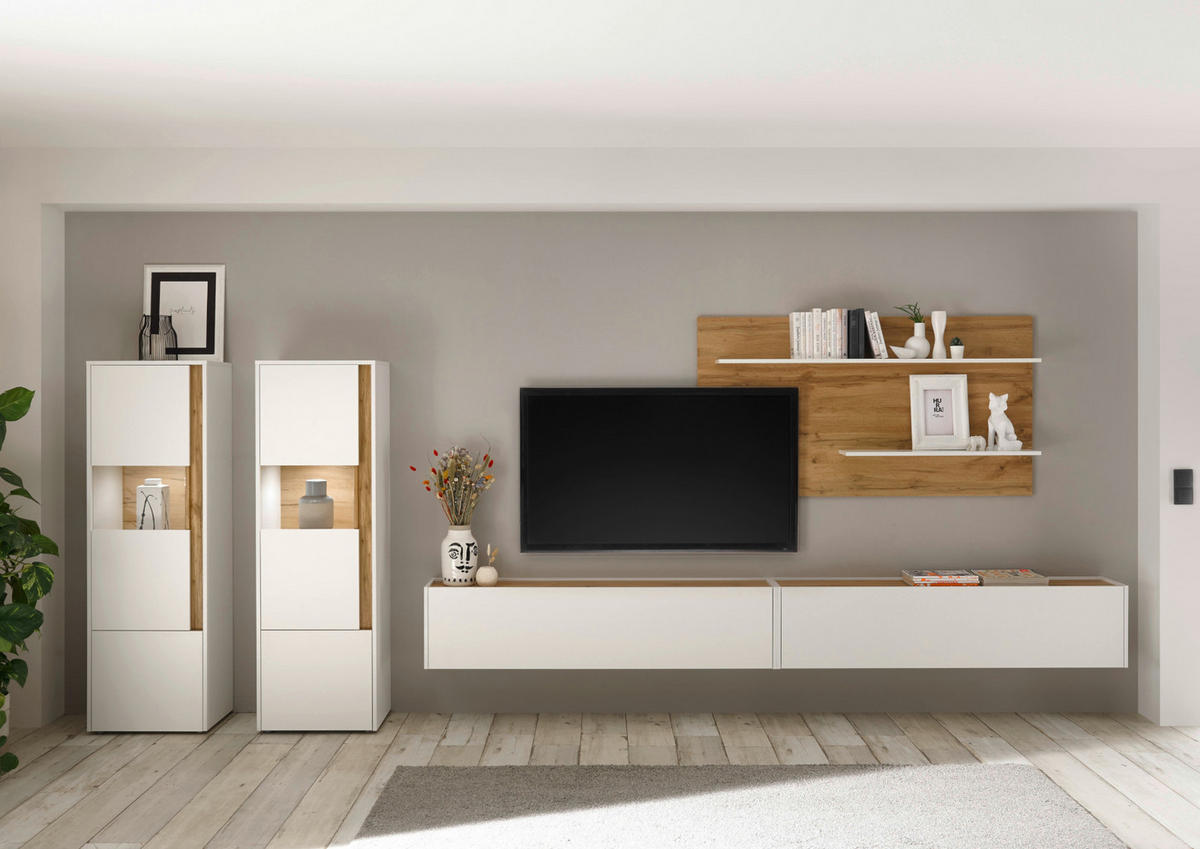 WOHNWAND weiß, Eiche Wotan 5-teilig 440 cm - Eiche Wotan/Schwarz, Glas/Holz (440/180/40cm) - Furn.Design