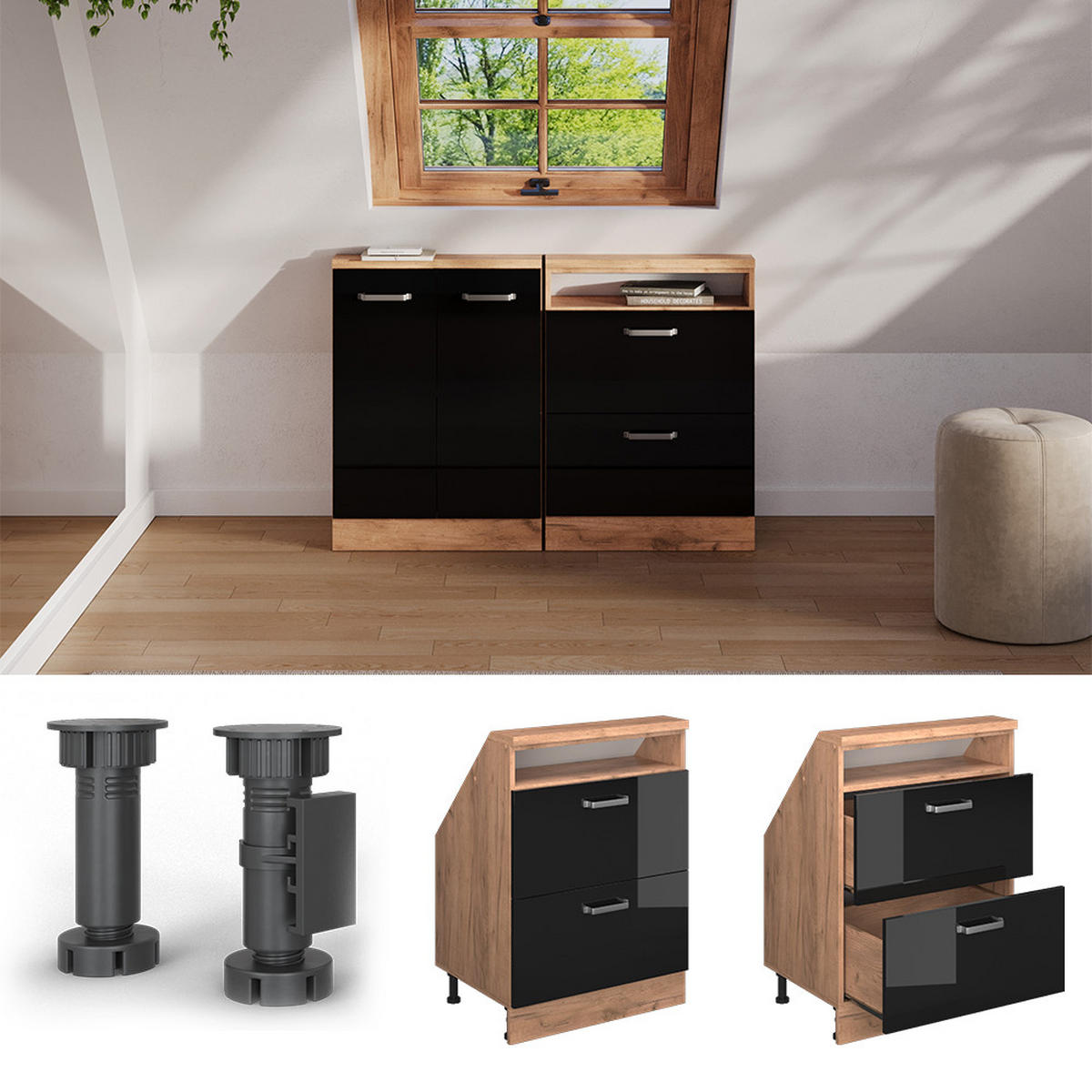 Honigeiche/Schwarz Hochglanz, Holzwerkstoff (60/81.6/46cm) - Vicco