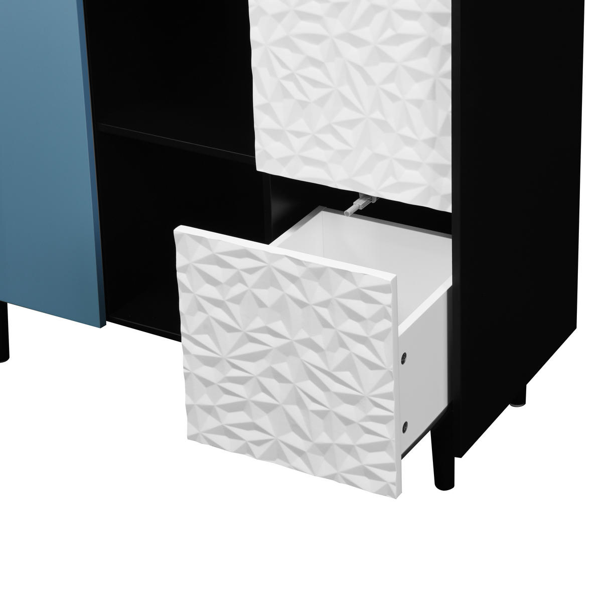 SIDEBOARD Schwarz Blau Weiß, mit Türen, 2 Schubladen, Innenfächern und Strukturfront, 90/40/80 cm - Blau/Schwarz, Holzwerkstoff (90/80/40cm) - WISHDOR