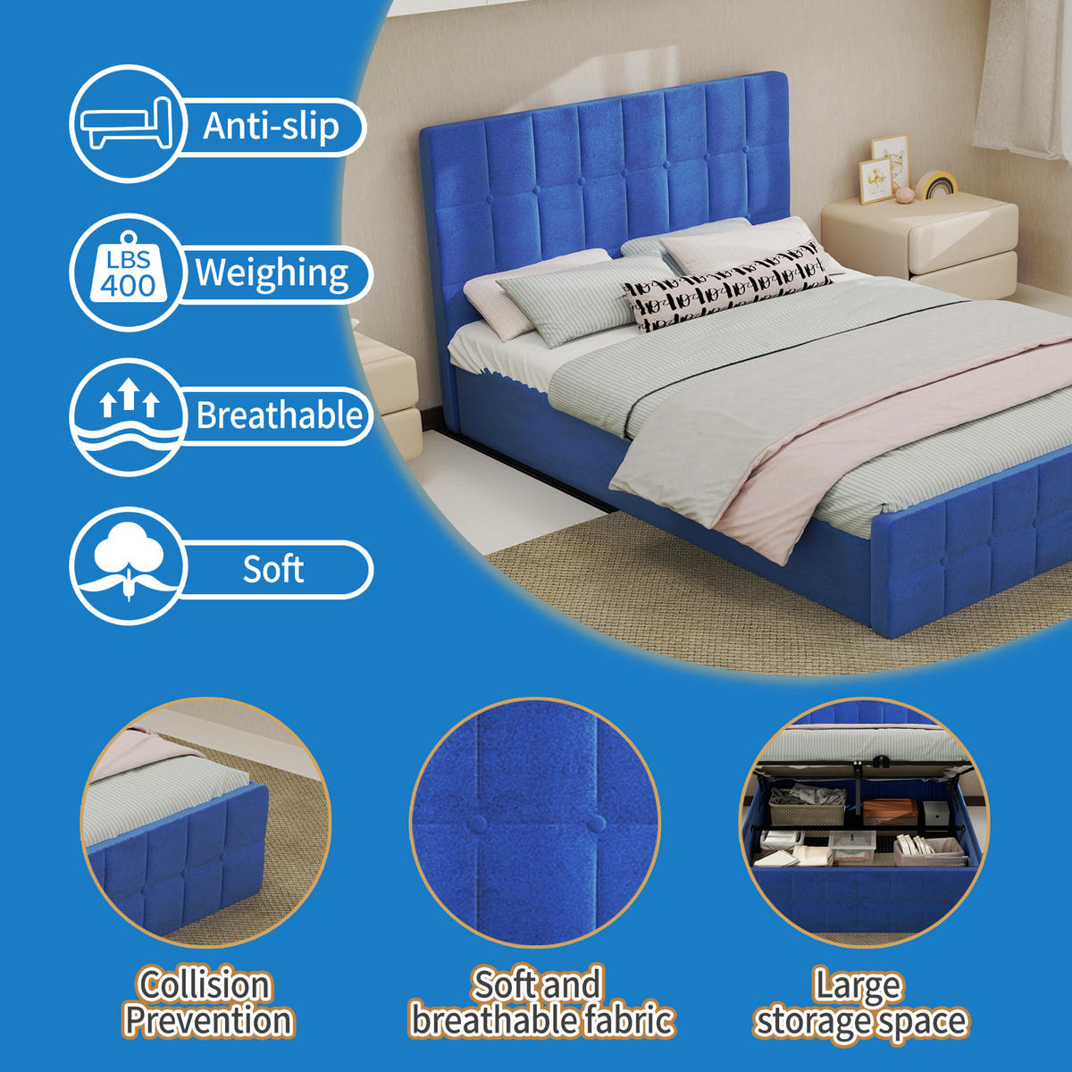 STAURAUMBETT 140/200 cm DE-35401 mit Staufach Blau - Blau, Metall (140/200cm) - ComfortXL