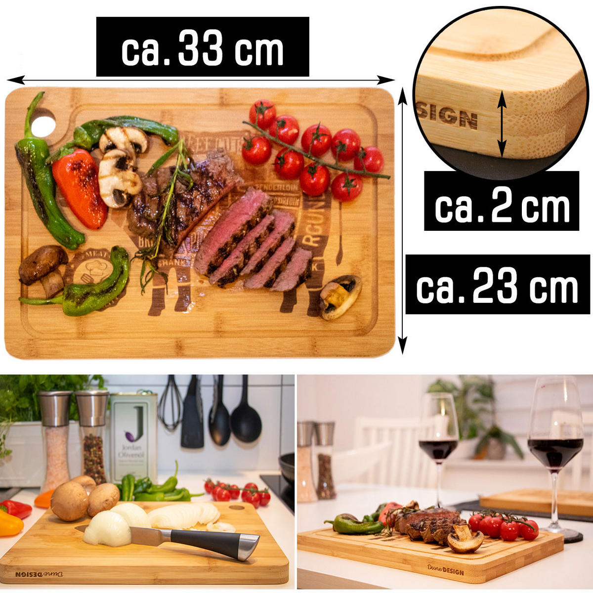STEAKBRETT 23/33/2 cm, Bambus - Braun, Holz (23/33cm) - Dunedesign