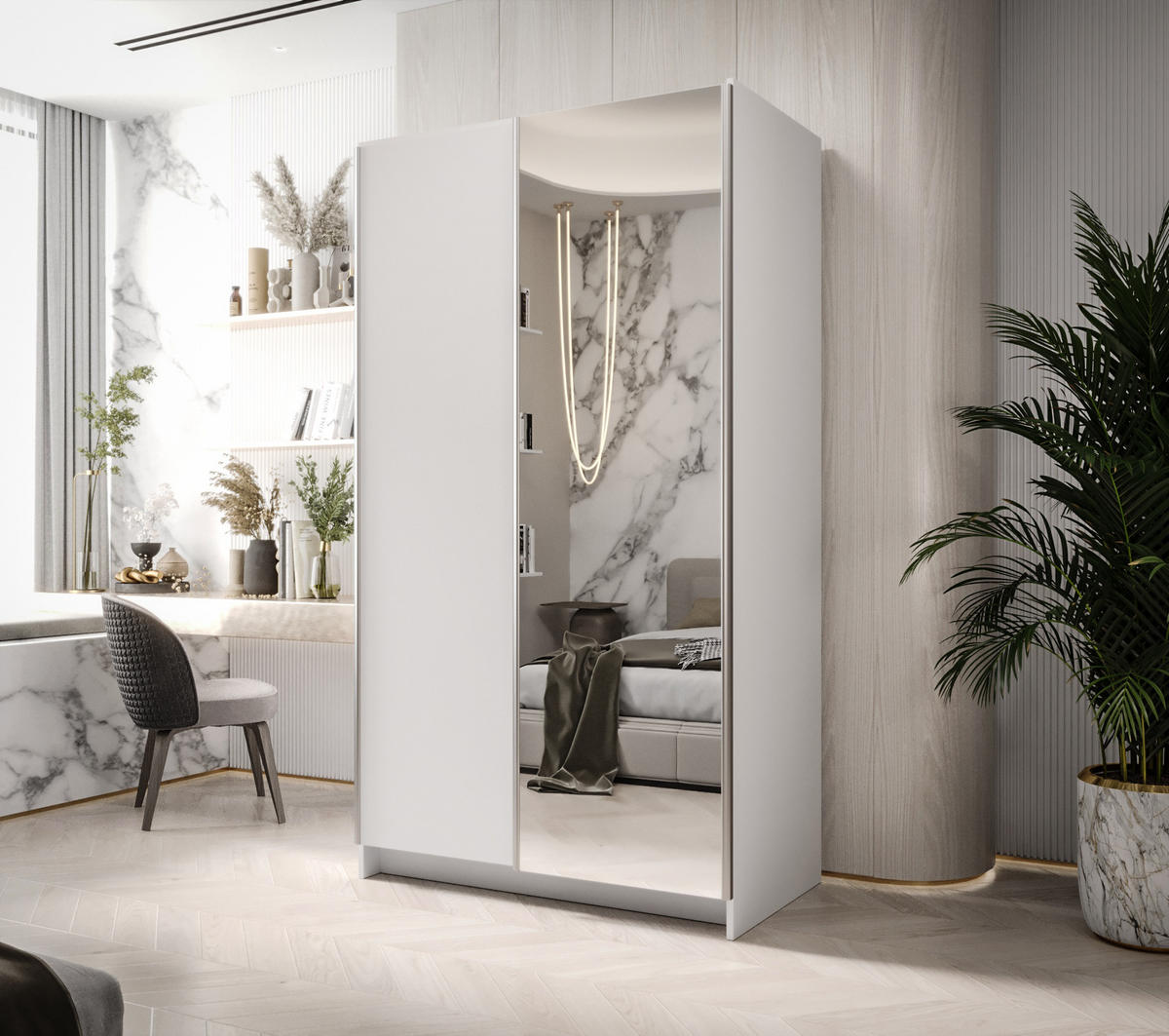 SCHIEBETÜRENSCHRANK MORE 100, 2-türig Kleiderschrank mit 1 Spiegel, Moderne Garderobe, Schrank in Größe: 100 x 216 x 64 cm - Weiß, Holzwerkstoff (100/216/64cm) - O-Sofa