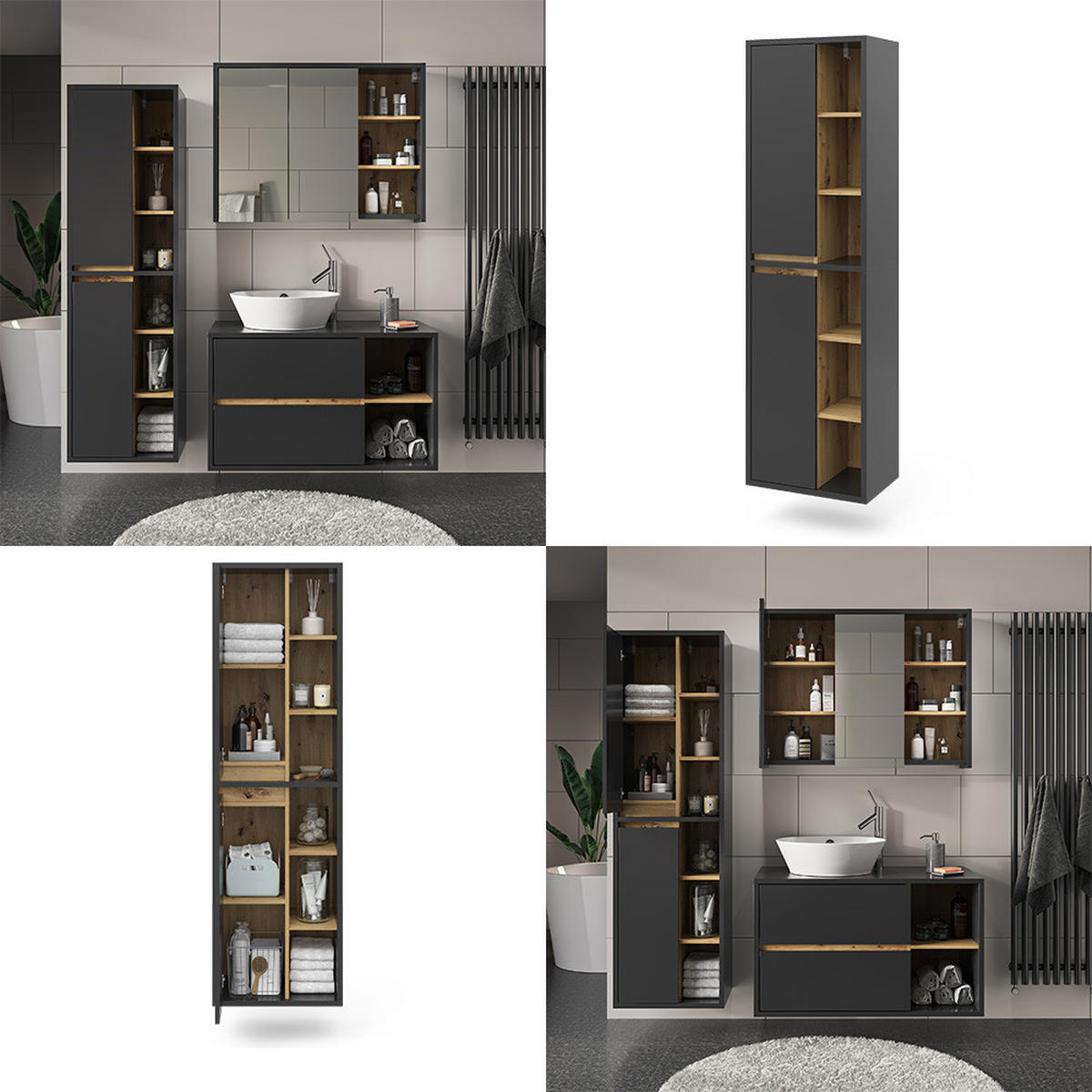 BADSCHRANK Viola Anthrazit 50 x 170 cm mit Türen, und offenen Fächern - Anthrazit, Holzwerkstoff (50/170/33cm) - Vicco