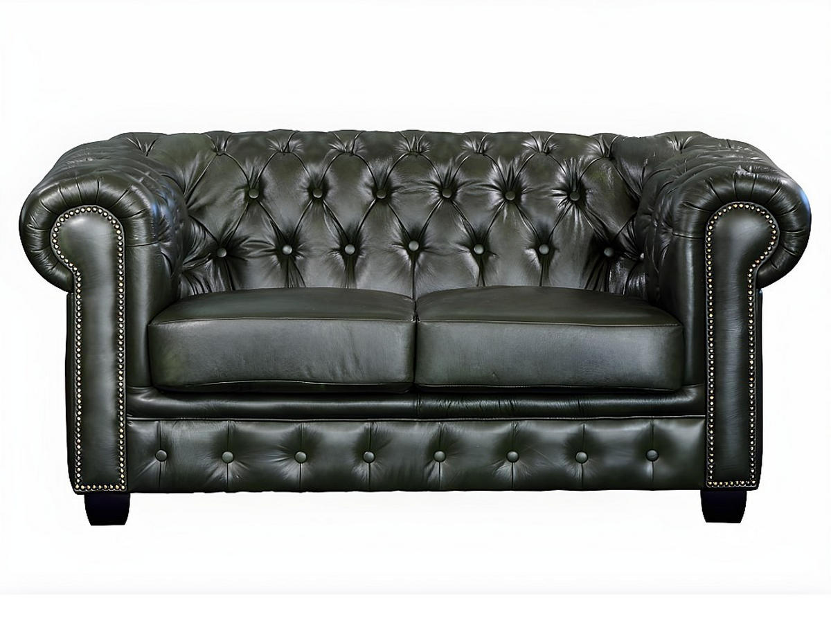 CHESTERFIELD Ledersofa 2-Sitzer - Büffelleder - Schwarzgrün - BRENTON - Grün, Leder (96/73/160cm) - Vente-Unique