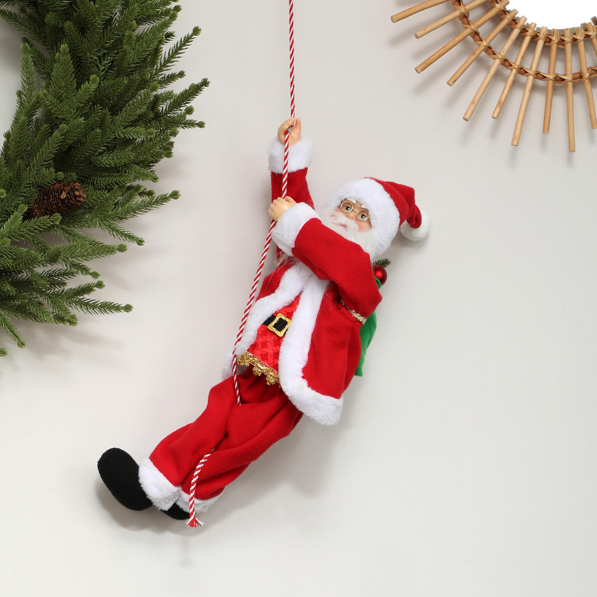 WEIHNACHTSMANN 60 cm Singend und Kletternd Weihnachtsmann mit Geschenk Seil - Rot, Textil (18/60/20cm) - HOMCOM