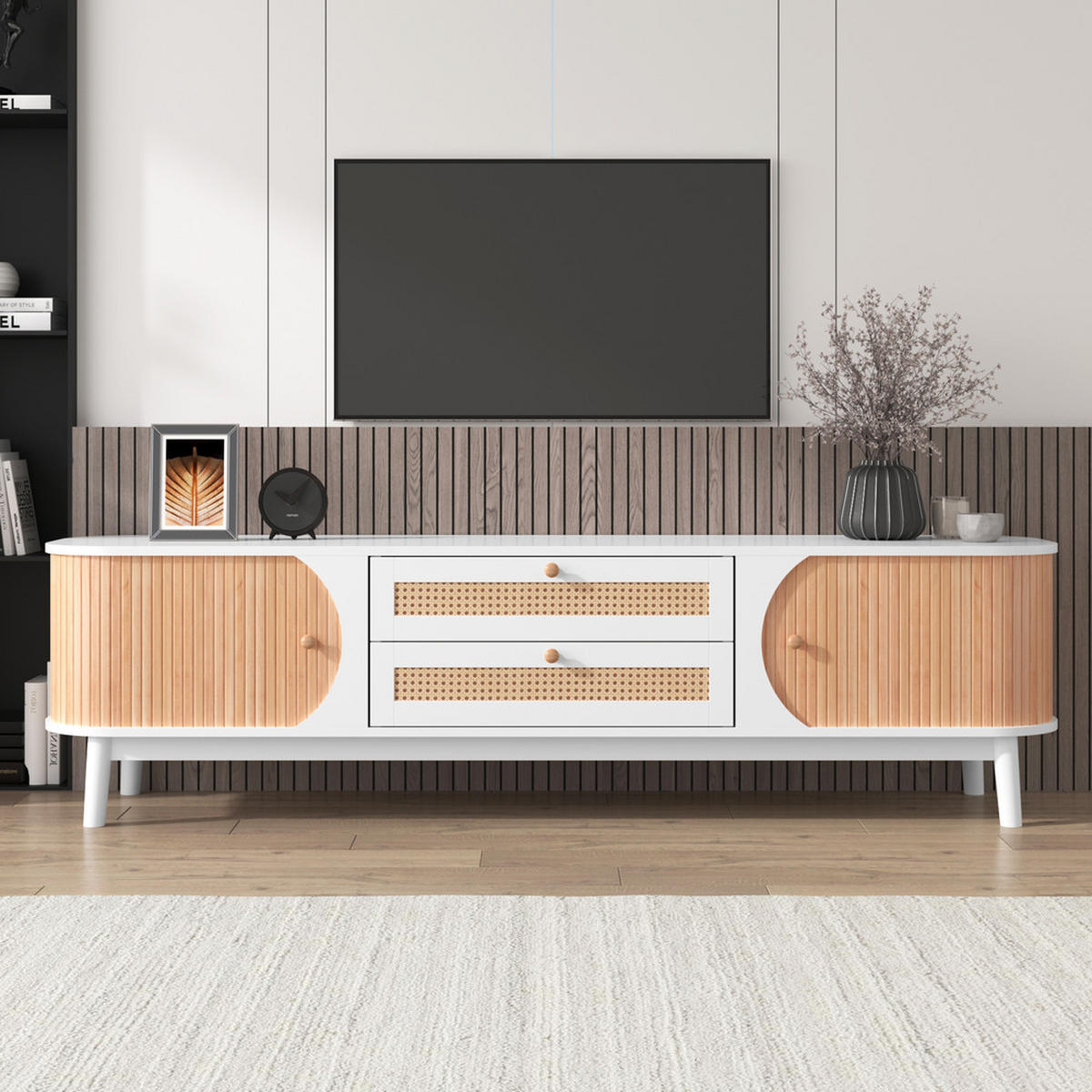 TV-SCHRANK Landhausstil mit Türen & Schubladen Rattanseiten Weiß - Weiß, Holz (47/8/184cm) - FLIEKS