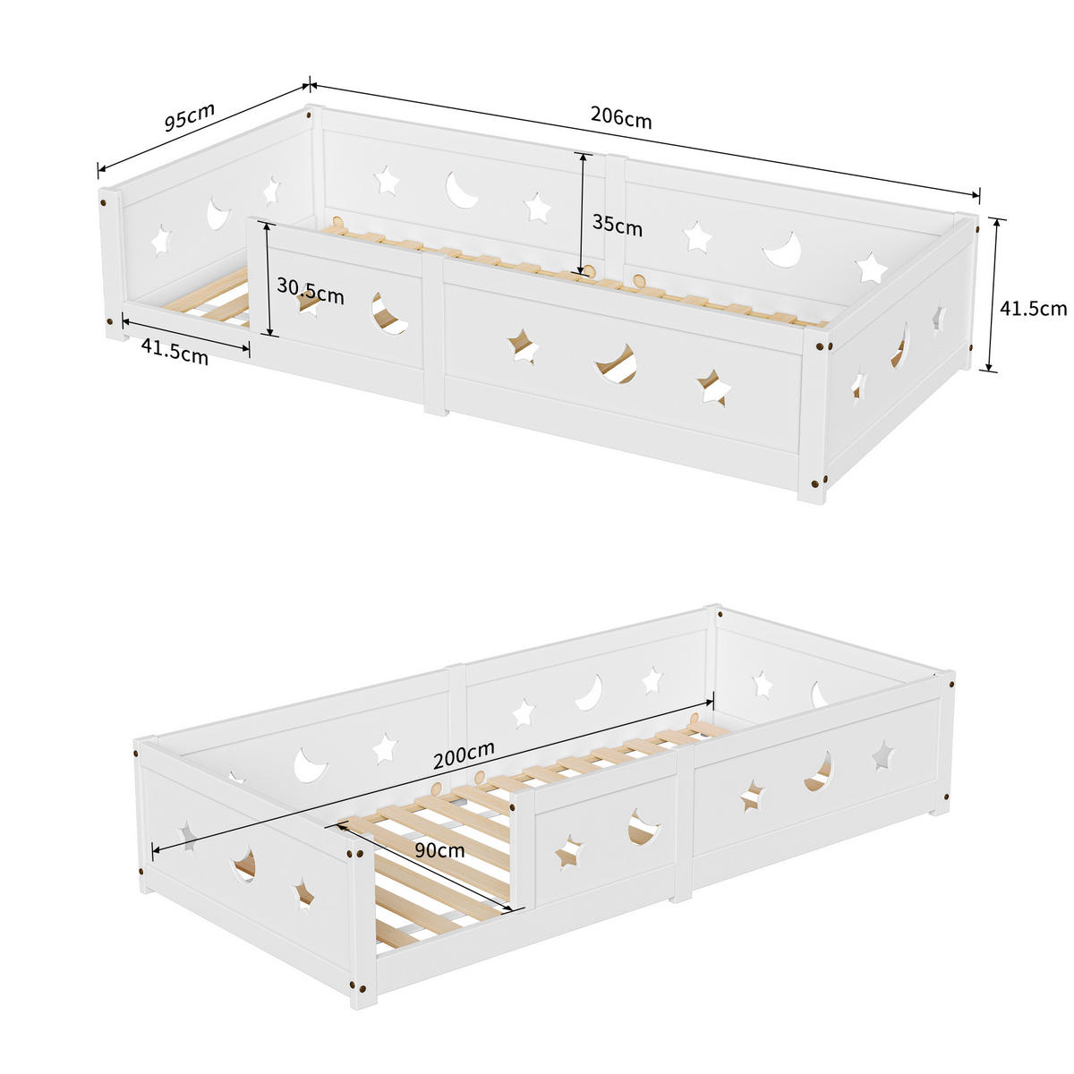 KINDERBETT 90x200 cm Massivholz Lattenrost Stern Mond weiß - Weiß, Holz (90/200cm) - LEBENLANG