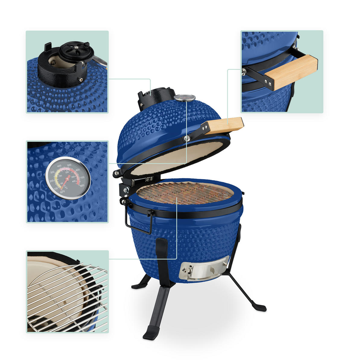 KAMADO-GRILL - Blau, Keramik/Metall (34/56.5cm) - Relaxdays
