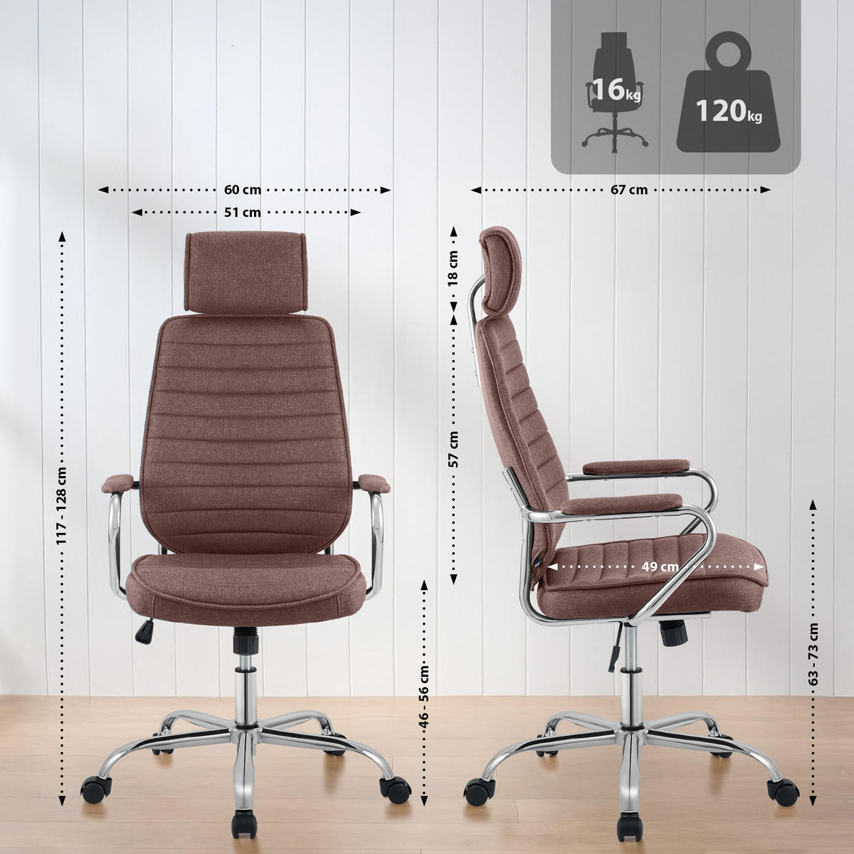 CHEFSESSEL Stoff Braun - Chromfarben/Braun, Textil/Metall (60/117/67cm) - CLP