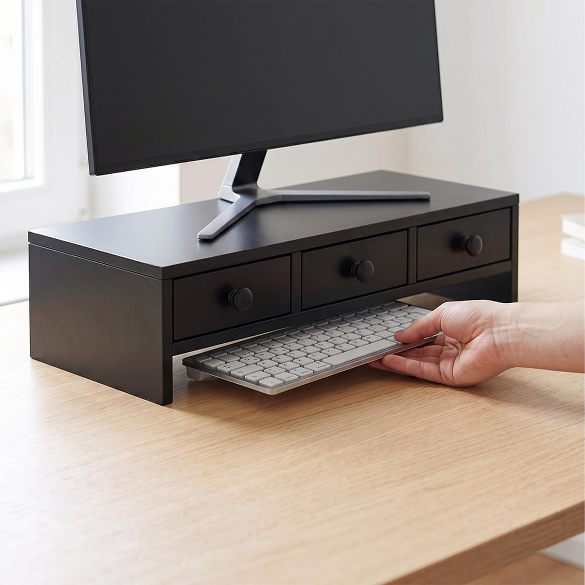 MONITORSTÄNDER Schwarz MDF 3 Schubladen 51x24x12,5 cm - Schwarz, Holzwerkstoff (24/51/12.5cm) - Relaxdays