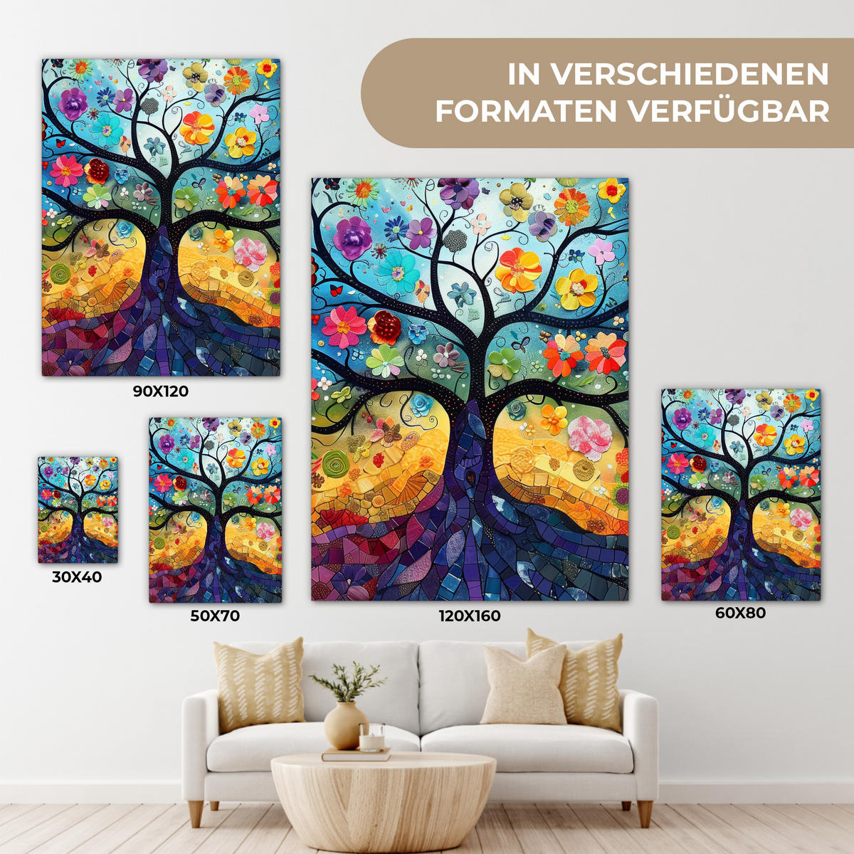 LEINWANDBILD Kunst - Baum des Lebens - Blumen - Hippie 60x80 cm - Dunkelblau, Textil (60/80cm) - MuchoWow