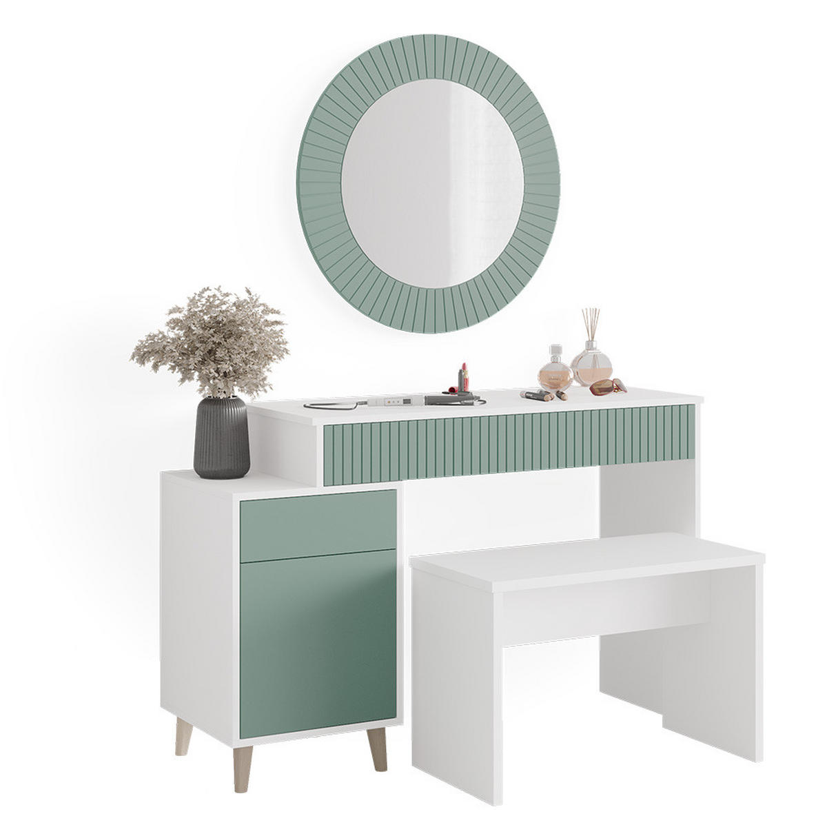 SCHMINKTISCH Arles Grün 120 cm mit Bank - Weiß/Grün, Holzwerkstoff (120/77.2/40cm) - Vicco