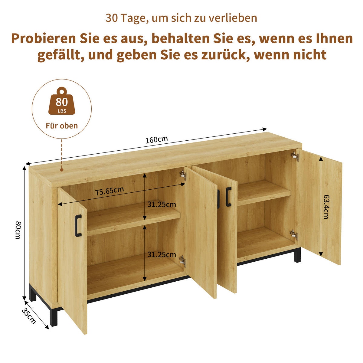 SIDEBOARD 160x35x80 cm Holzoptik 4 Türen Metallfüße - Naturfarben, Holz (160/80/35cm) - LEBENLANG