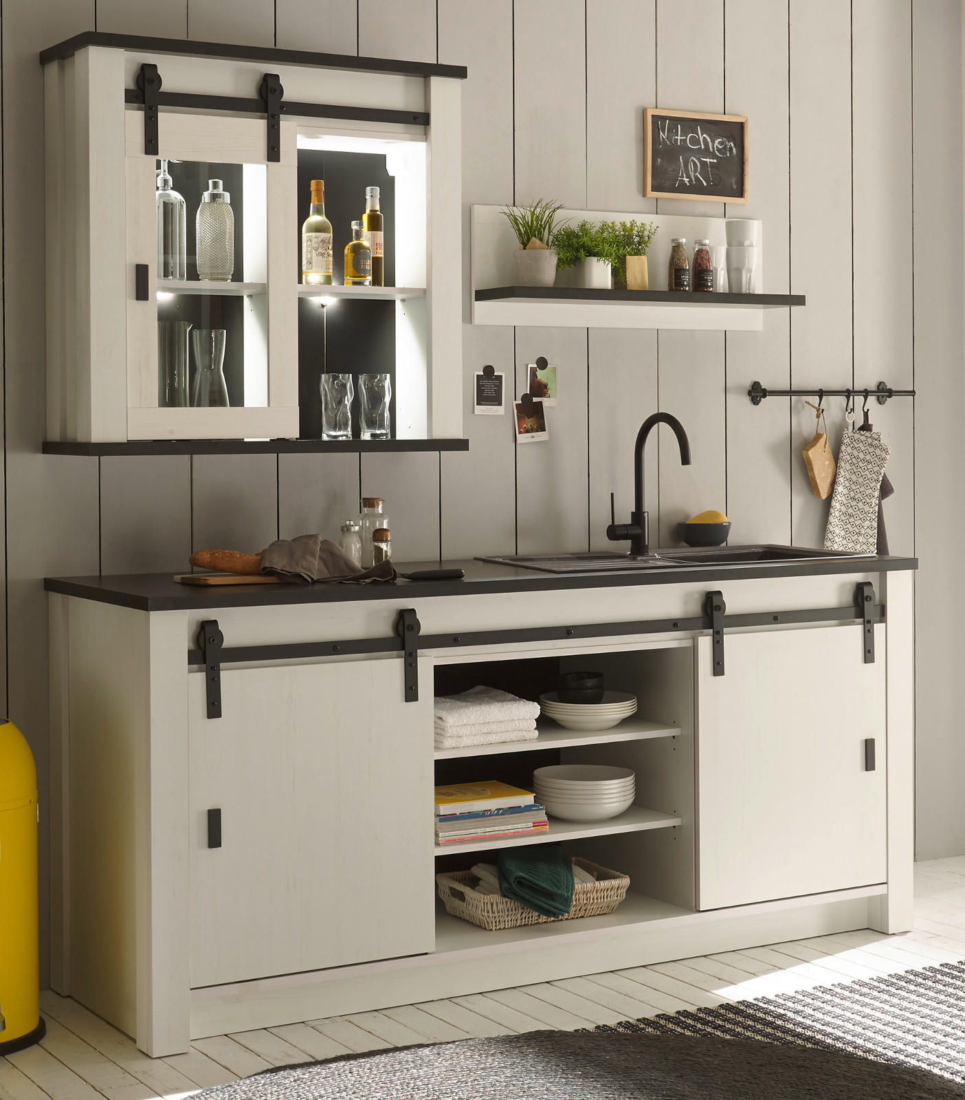 KÜCHE-HÄNGESCHRANK weiß Pinie, anthrazit Landhaus, Küchenschrank hängend mit Schiebetür - Anthrazit/Schwarz, Glas/Holzwerkstoff (93/90/31cm) - Furn.Design