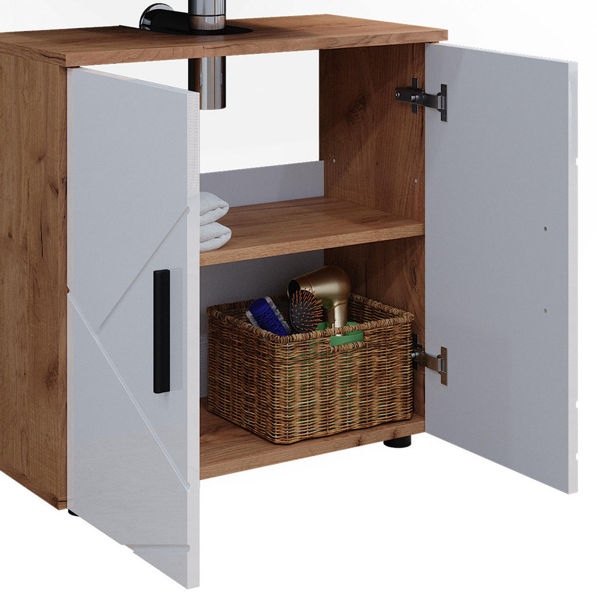 BADMÖBEL-SET Irma Weiß Hochglanz/Goldkraft Eiche 2 Teile Unterschrank 60 cm - Weiß Hochglanz/Eiche Wotan, Holzwerkstoff (80/58.6/41cm) - Vicco