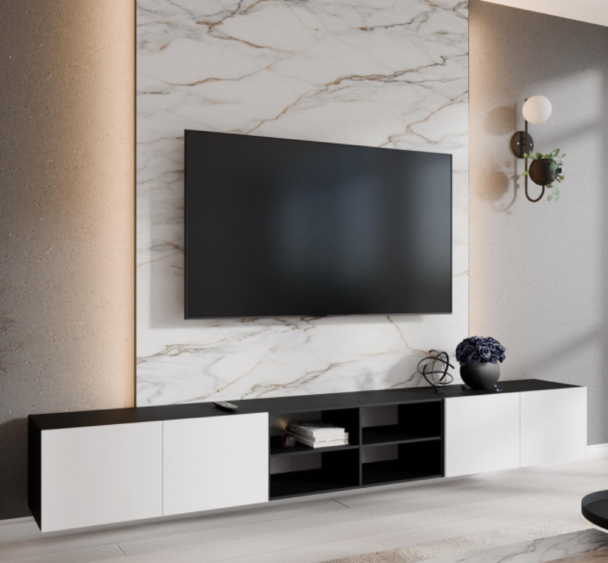TV-SCHRANK Schwarz Weiß LION Offene Mit Regalen 300 cm - Weiß, Holzwerkstoff (300/41/40cm) - Sepro Meble